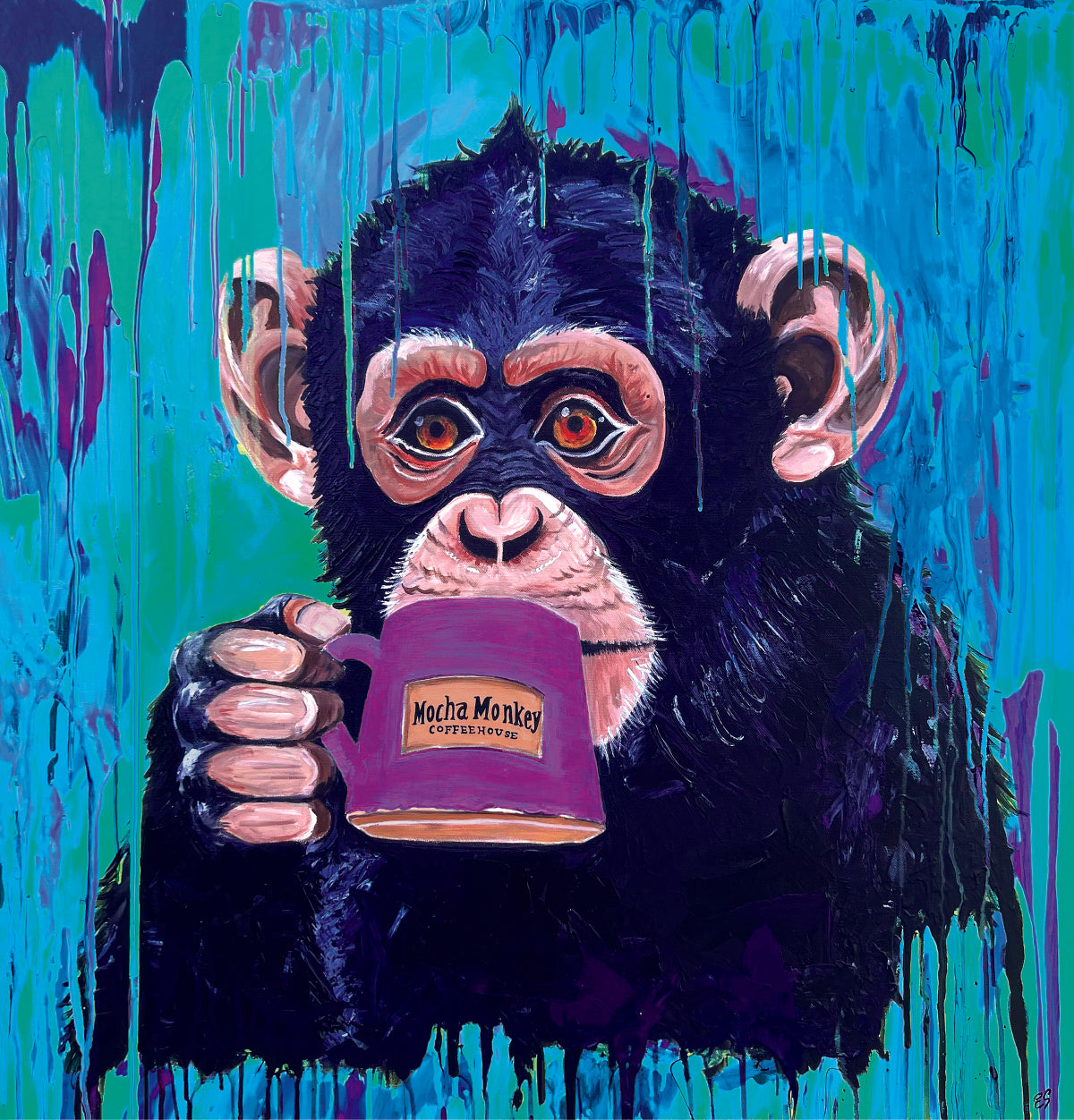 Blue Mocha Monkey Sticker Graphic—a painting of a monkey drinking from a Mocha Monkey Coffeehouse mug
