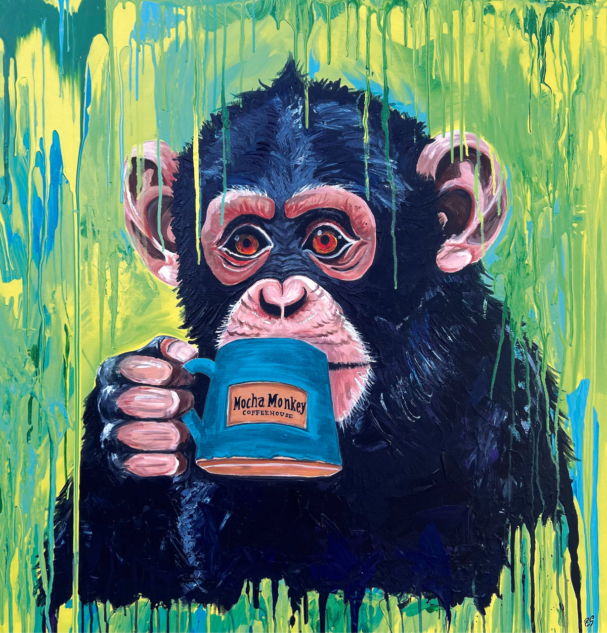 Green Mocha Monkey Sticker Graphic—a painting of a monkey drinking from a Mocha Monkey Coffeehouse mug