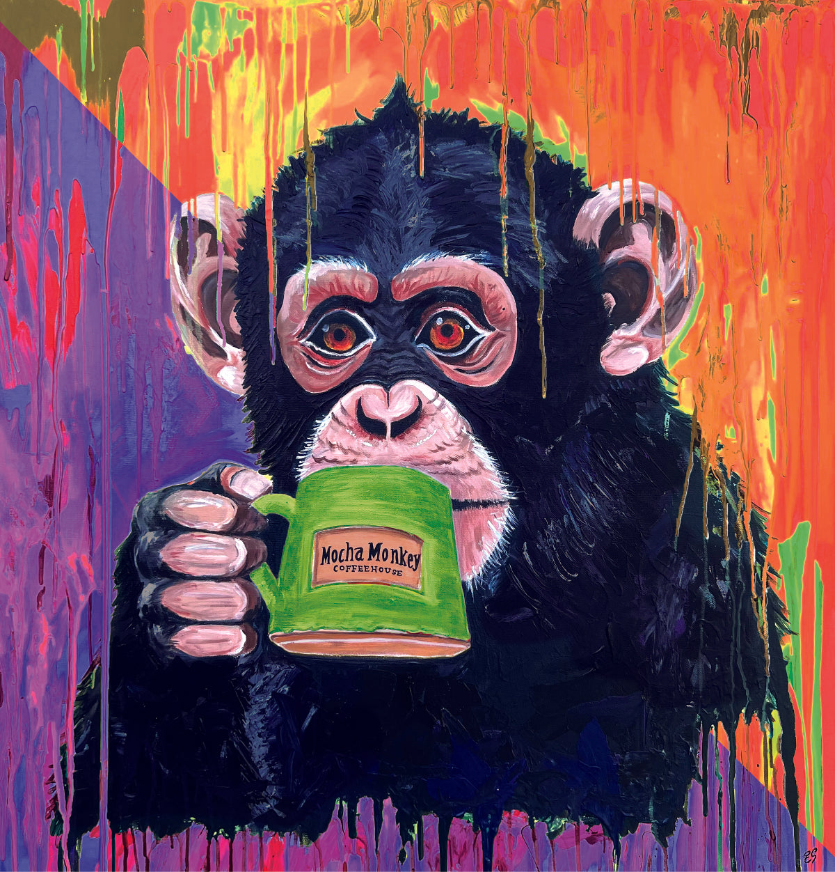 Half purple half orange Mocha Monkey Sticker Graphic—a painting of a monkey drinking from a Mocha Monkey Coffeehouse mug