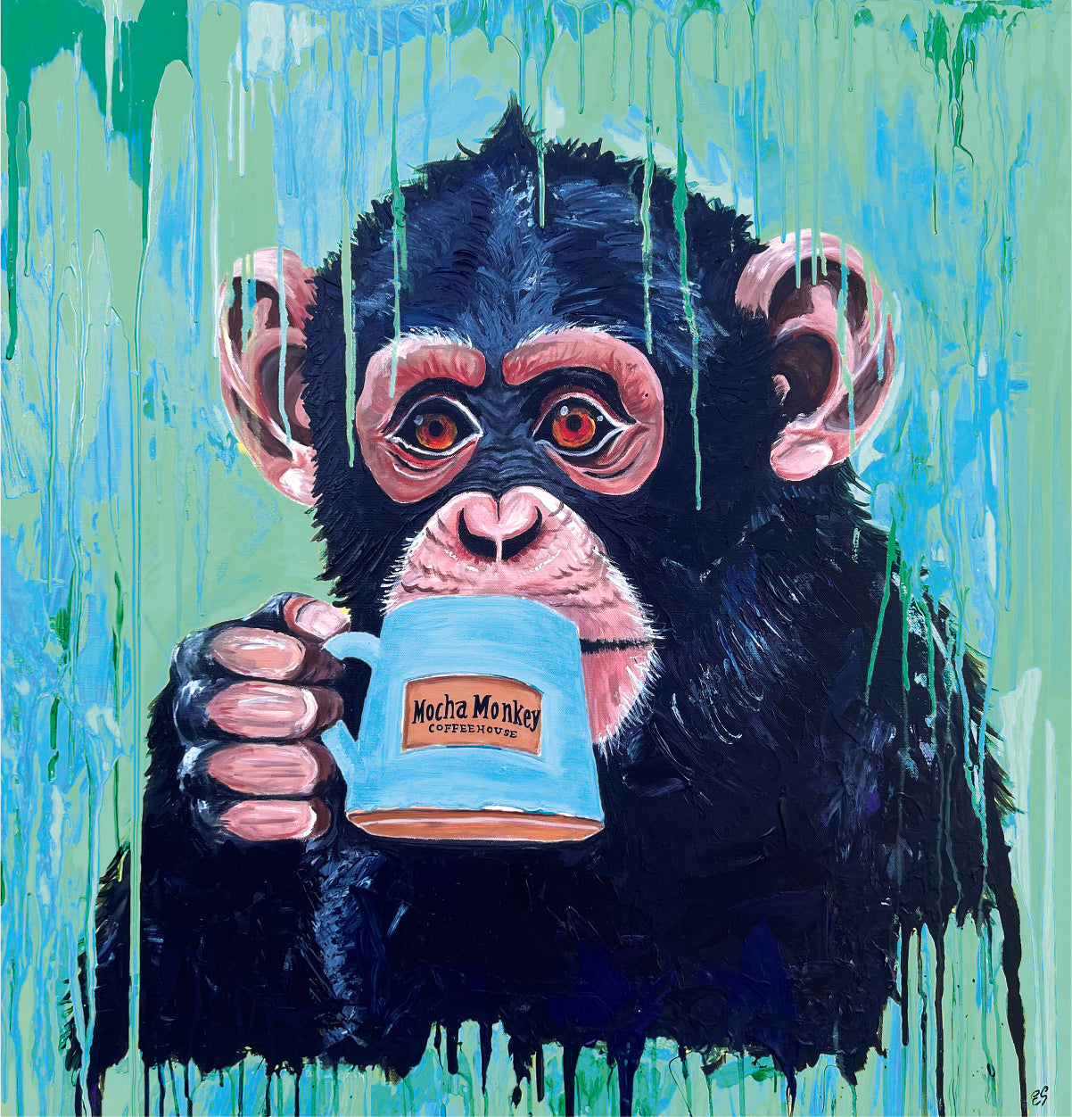 Blue-green Mocha Monkey Sticker Graphic—a painting of a monkey drinking from a Mocha Monkey Coffeehouse mug