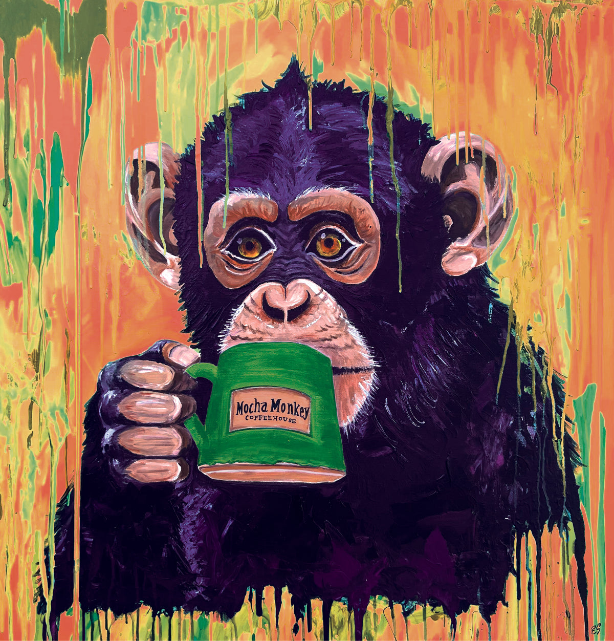Orange Mocha Monkey Sticker Graphic—a painting of a monkey drinking from a Mocha Monkey Coffeehouse mug