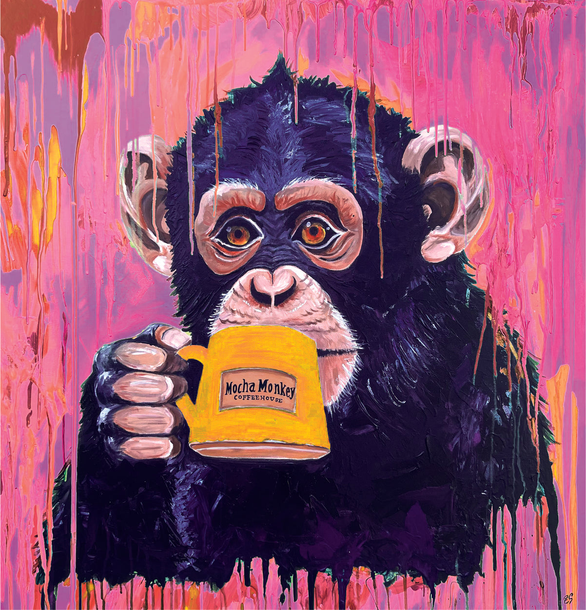 Pink Mocha Monkey Sticker Graphic—a painting of a monkey drinking from a Mocha Monkey Coffeehouse mug