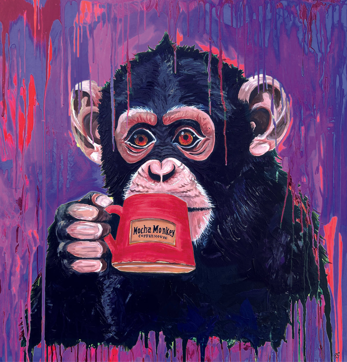 Purple Mocha Monkey Sticker Graphic—a painting of a monkey drinking from a Mocha Monkey Coffeehouse mug