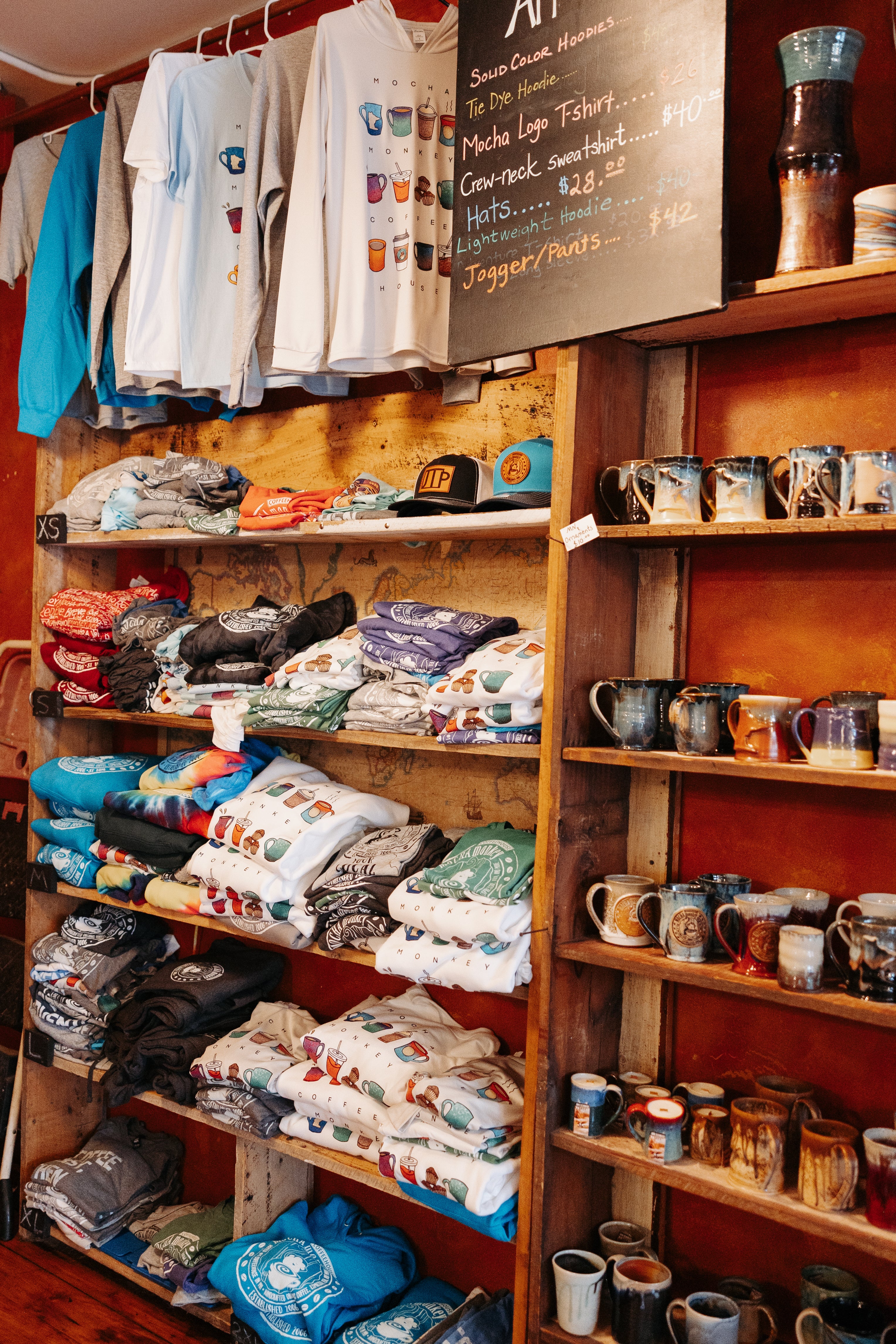 Shelves of Mocha Monkey merch