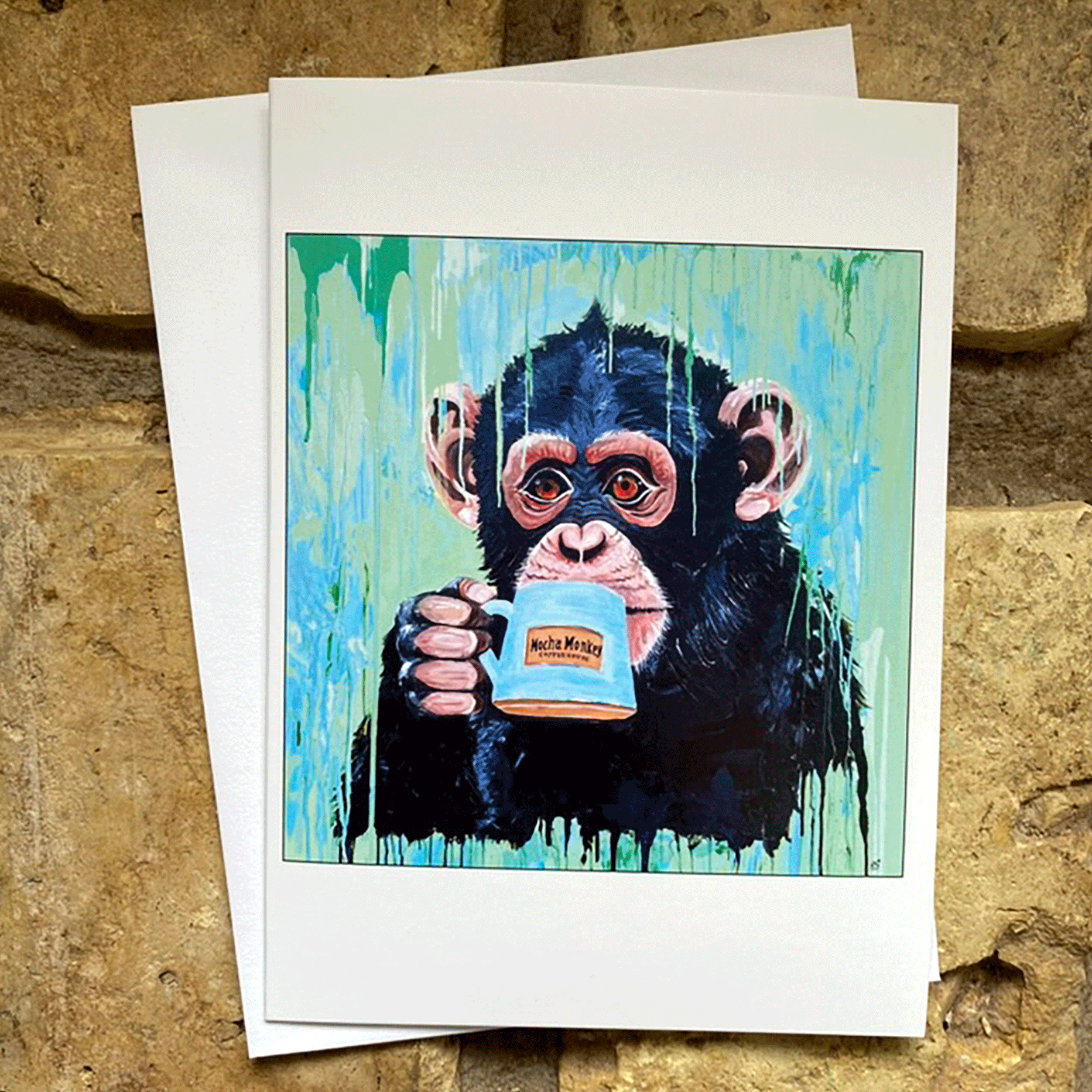 Mocha Monkey Greeting Card - Light Ble Monkey