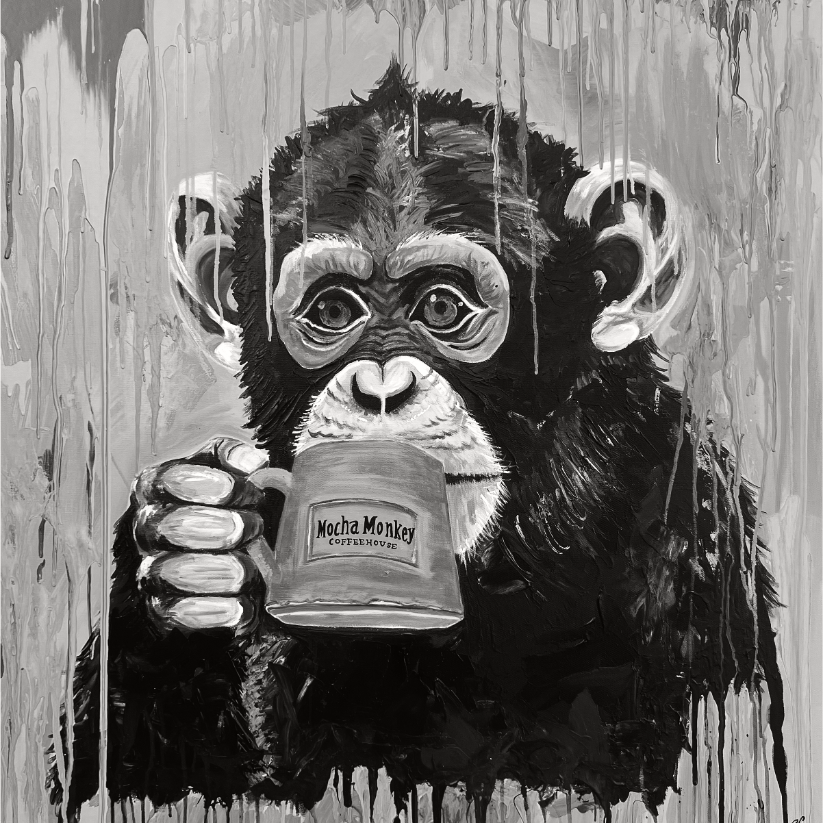 Painting of a monkey holding a mug with 'Mocha Monkey' branding against a textured gray background.