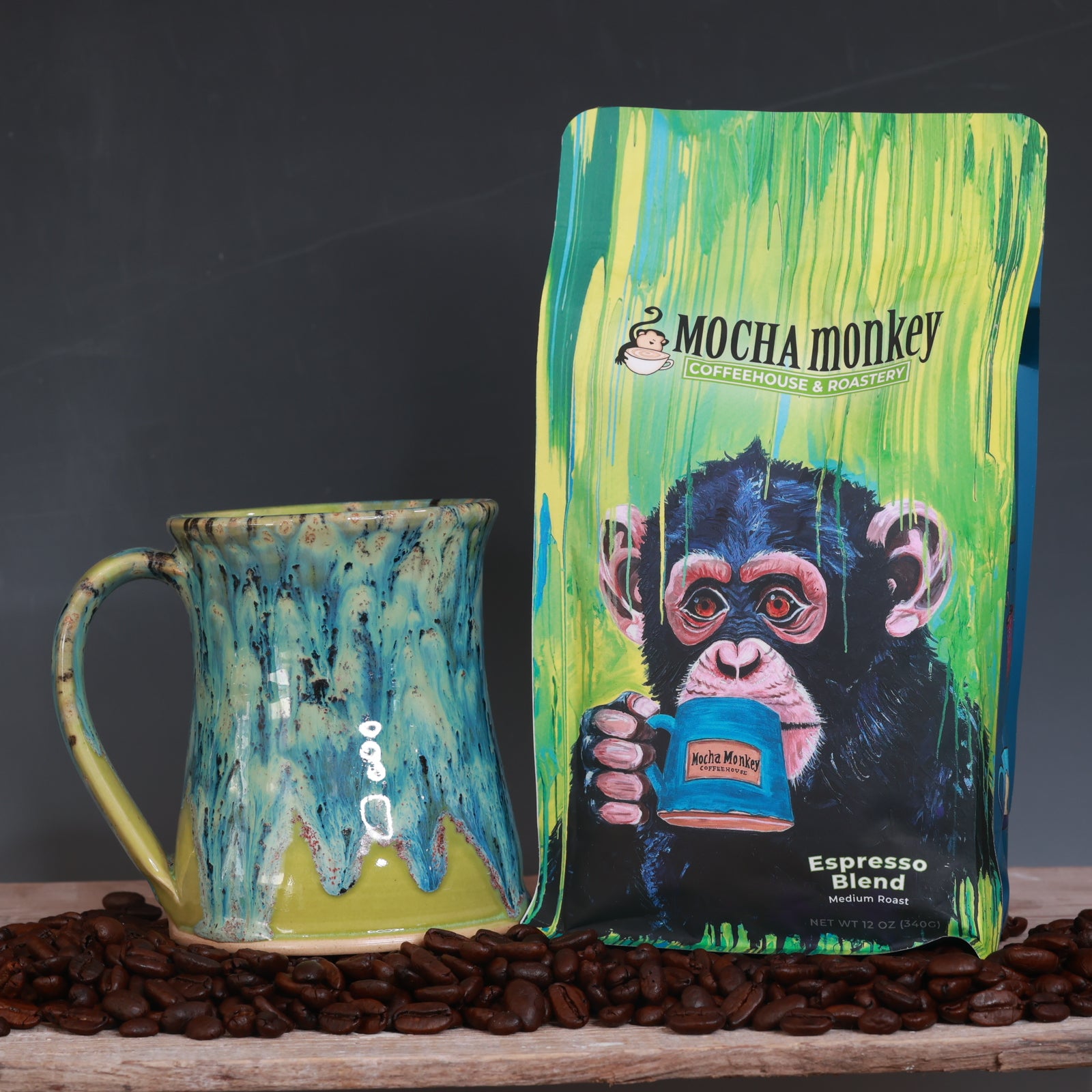 Coffee Beans and Mocha Monkey Mug Combo - Espresso Blend Medium Roast