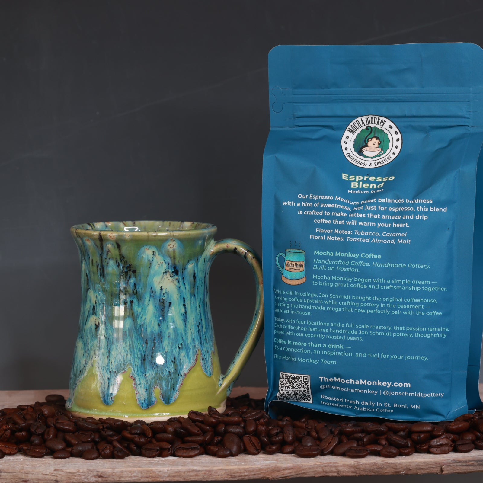 Coffee Beans and Mocha Monkey Mug Combo - Espresso Blend Medium Roast