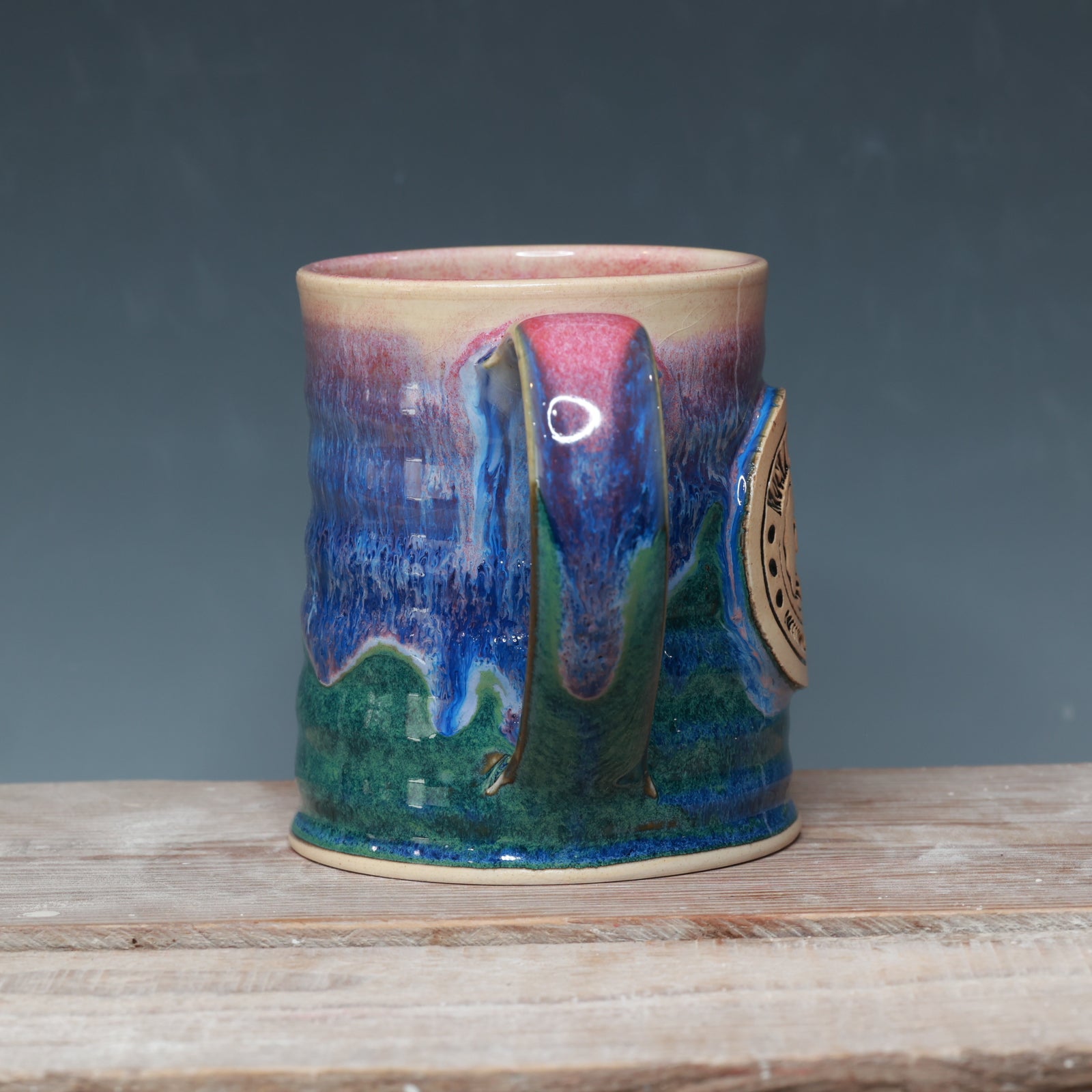Raspberry Mist and Blue Surf Mocha Monkey mug 17 oz.