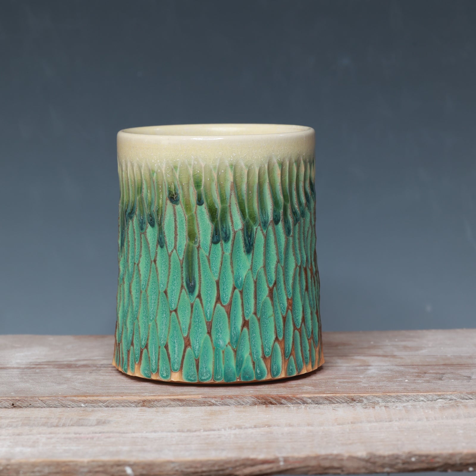 Satin Patina Carved mug - 14-15 oz.