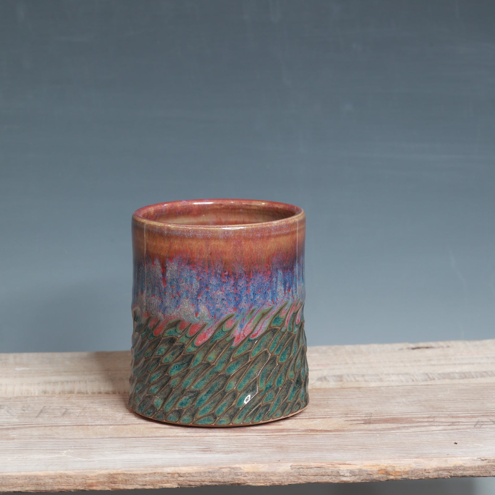 Carved Raspberry Mist and Blue Surf mug 13-14 oz.