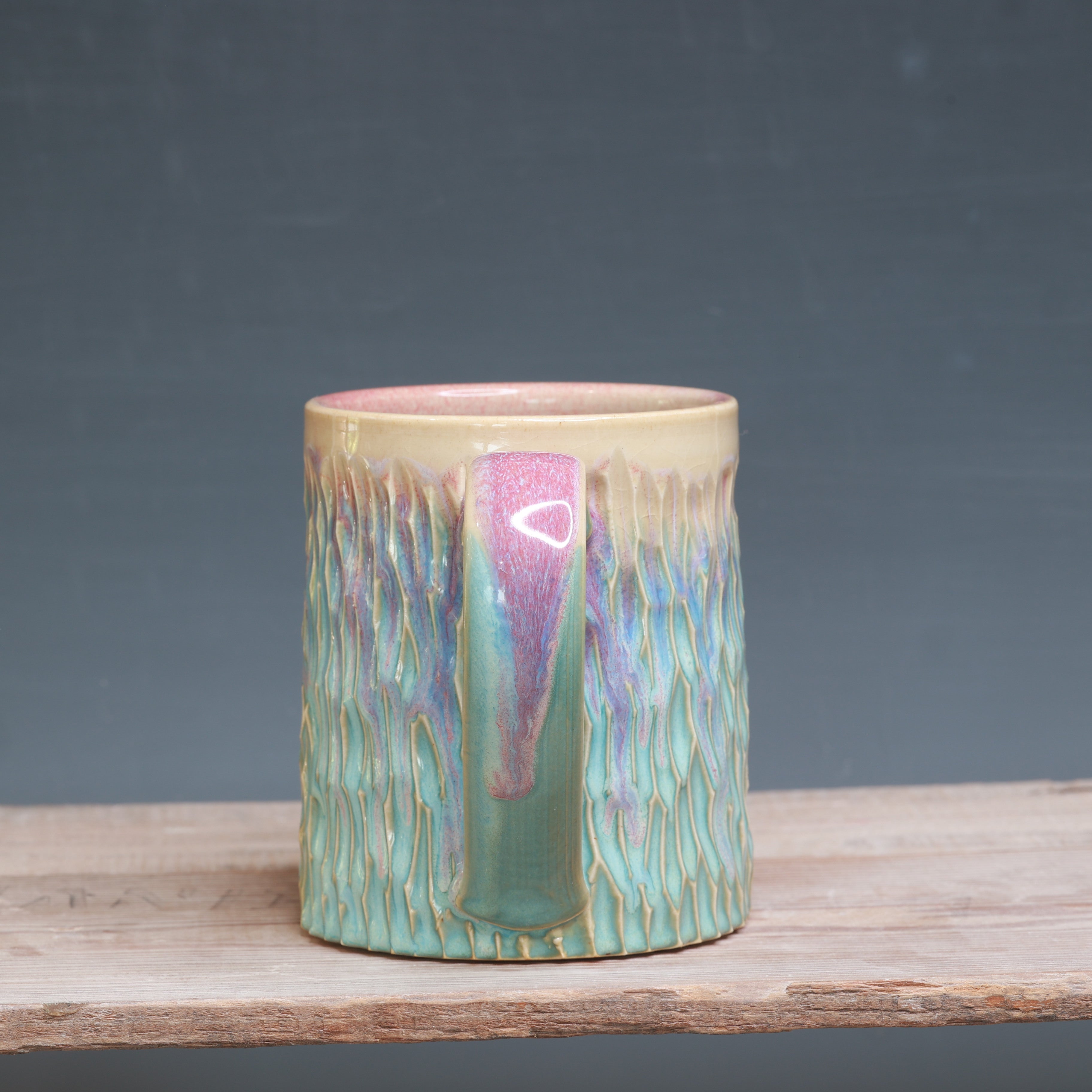 Raspberry Mist over Norse Blue Carved mug 17-18 oz.