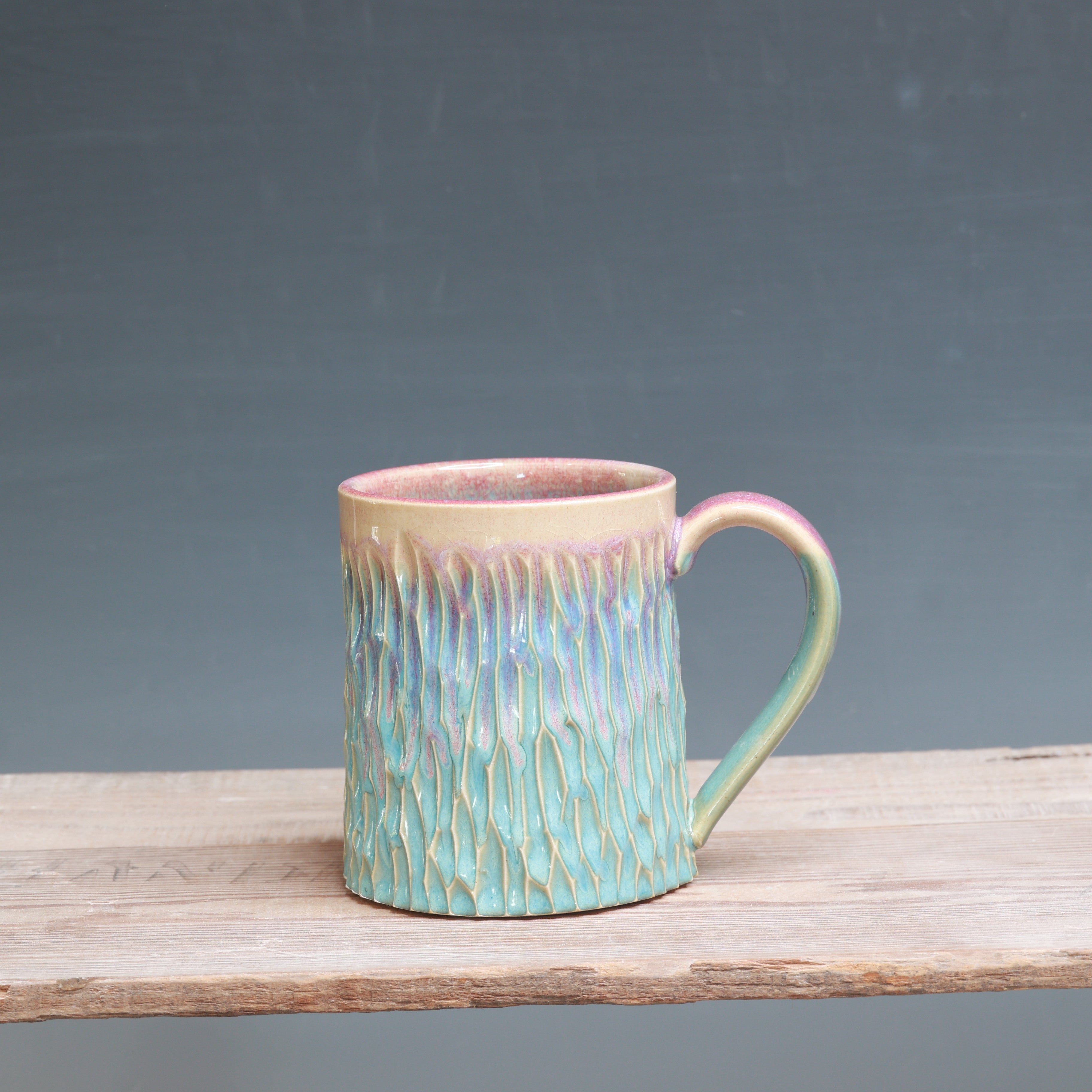 Raspberry Mist over Norse Blue Carved Mug - 14 oz