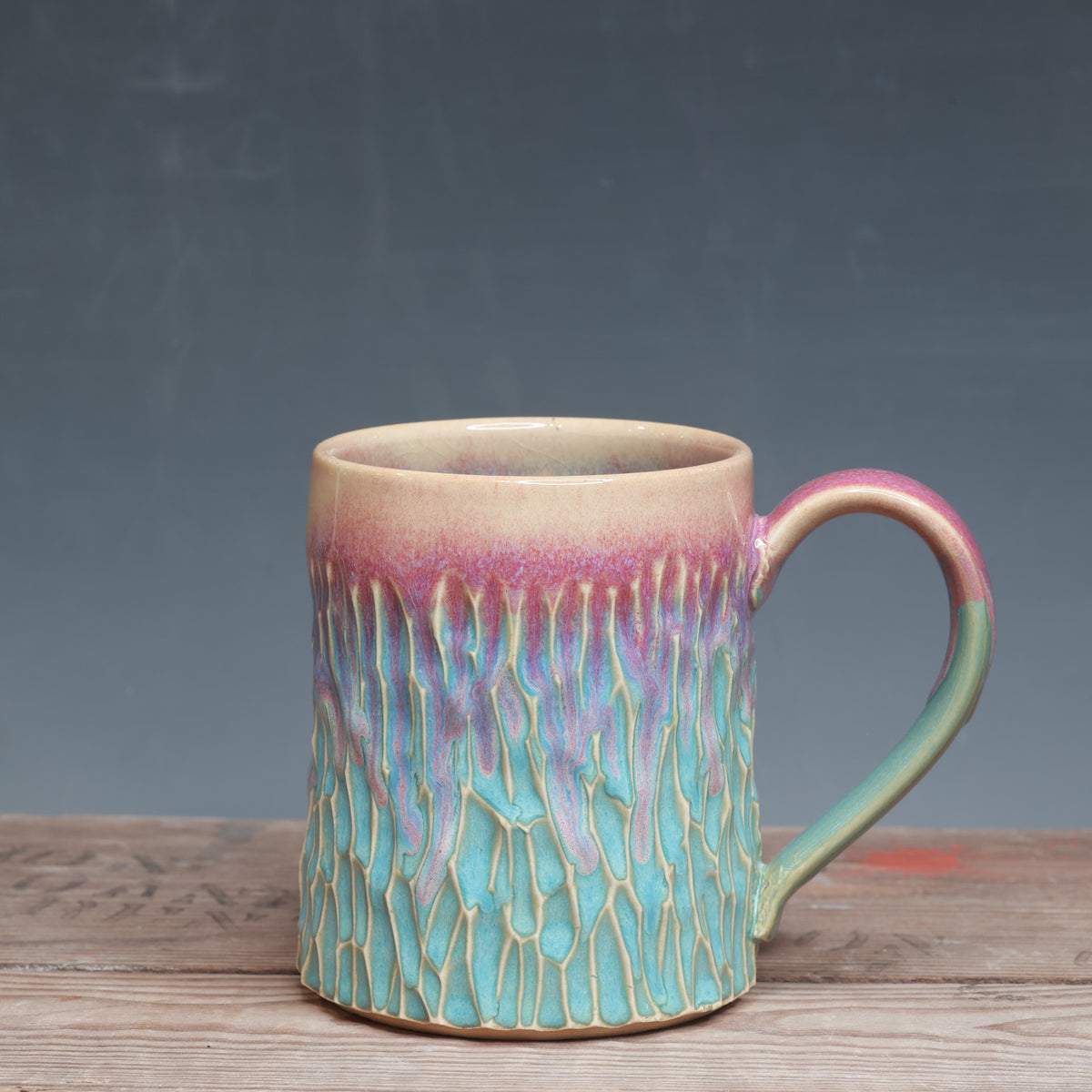 Raspberry Mist over Norse Blue Carved Mug 16 oz.