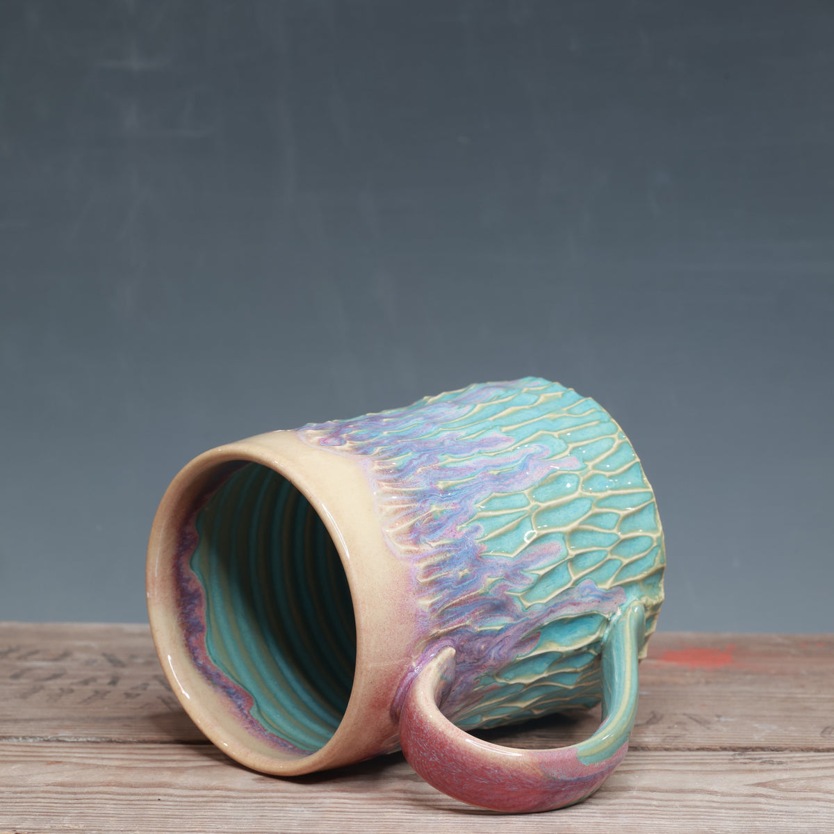 Raspberry Mist over Norse Blue Carved Mug 16 oz.