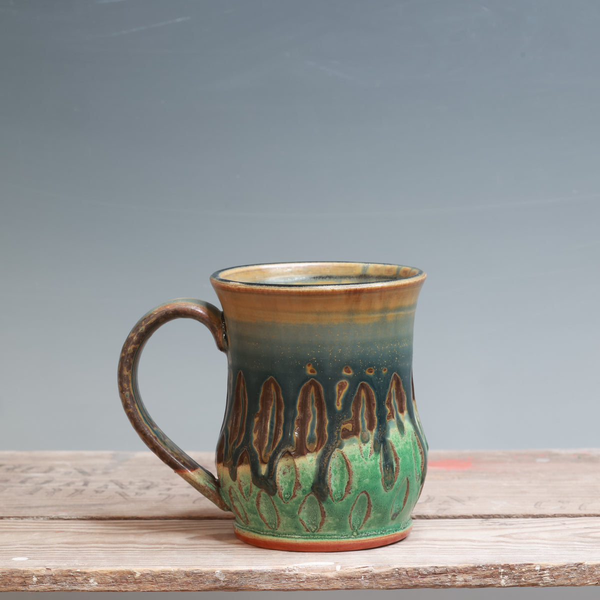 Satin Patina and Blue Ash Carved Mug 13 oz.