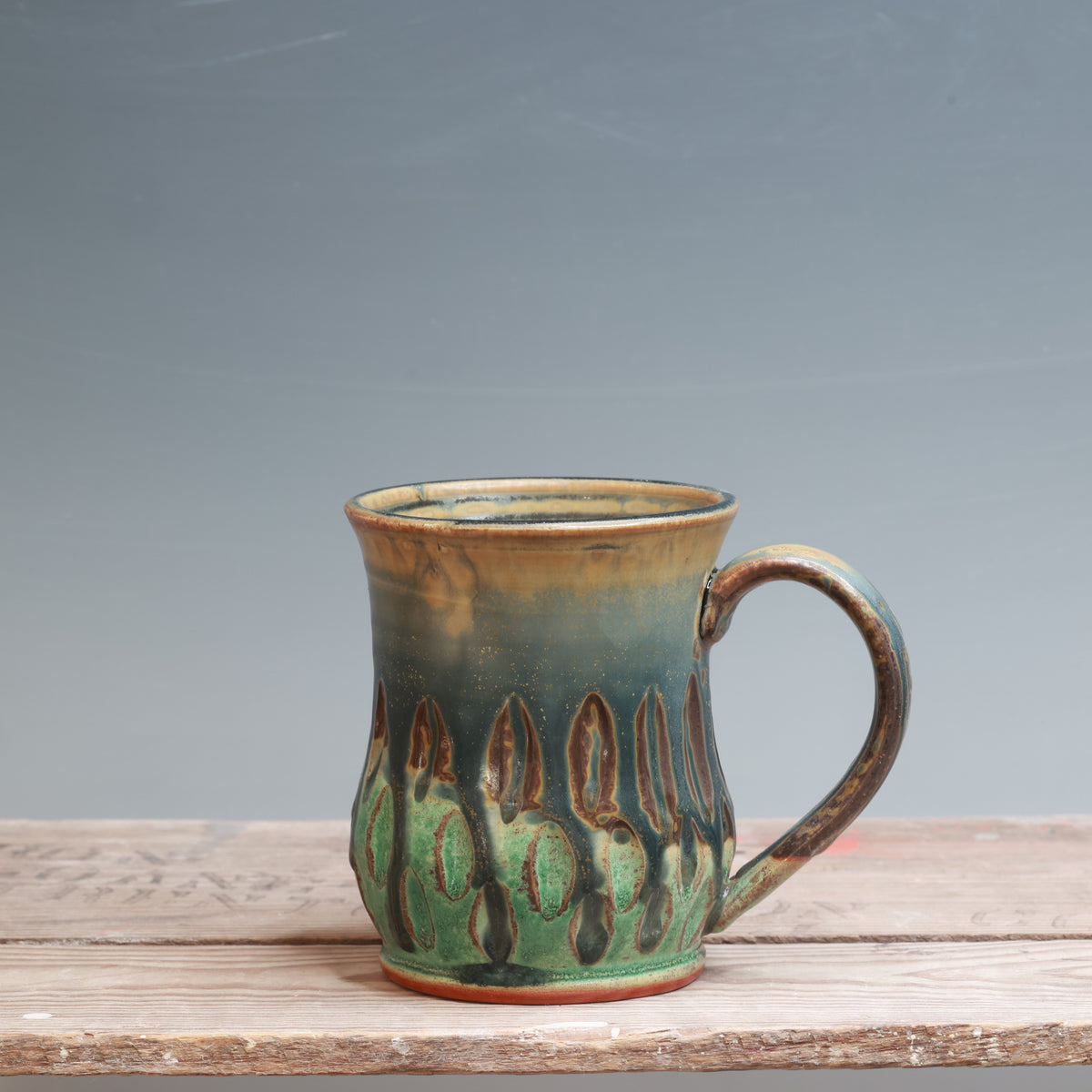 Satin Patina and Blue Ash Carved Mug 13 oz.