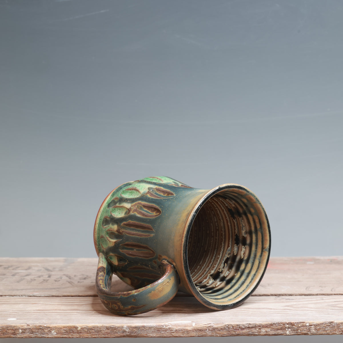 Satin Patina and Blue Ash Carved Mug 13 oz.