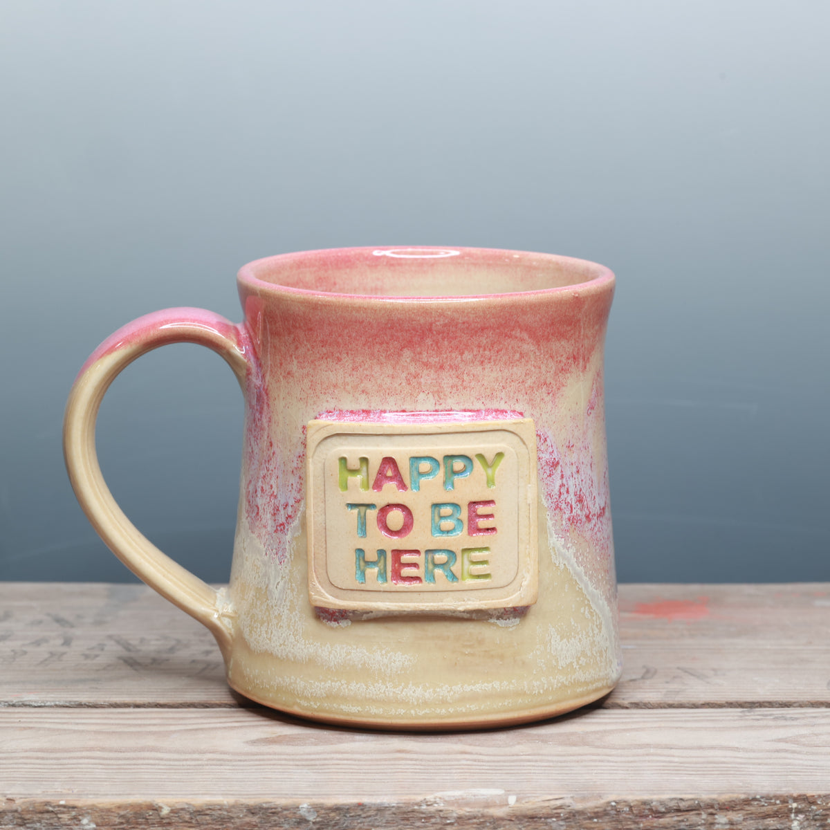 Alabaster and Raspberry Mist Happy to be Here Mug 17-18 oz.
