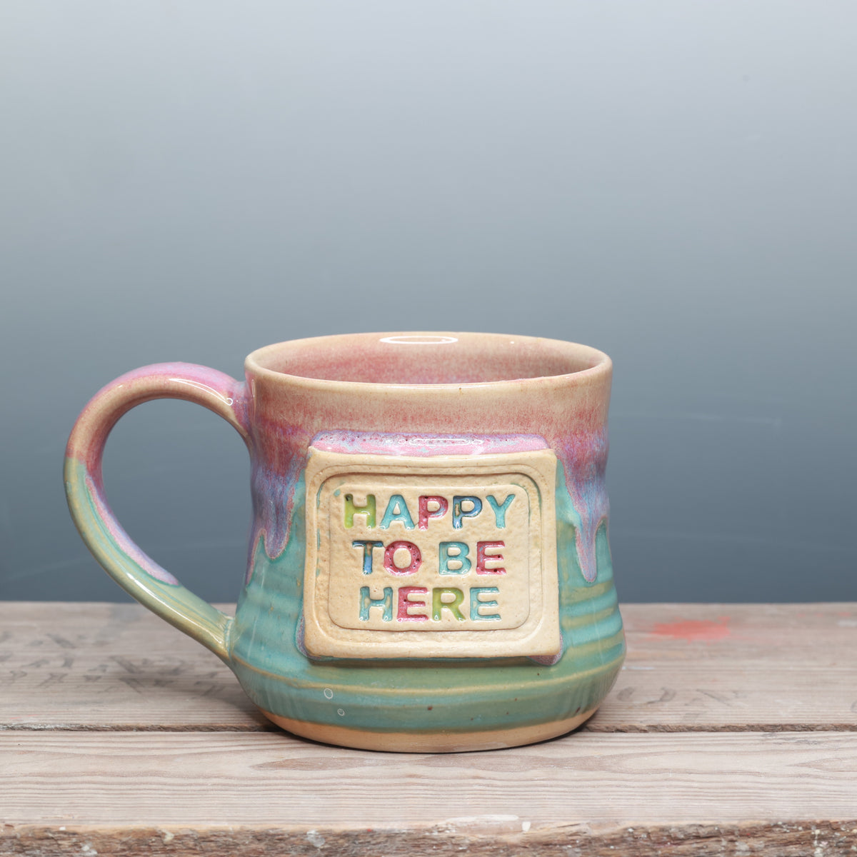 Raspberry Mist and Norse Blue Happy to be Here Mug 13-14 oz.
