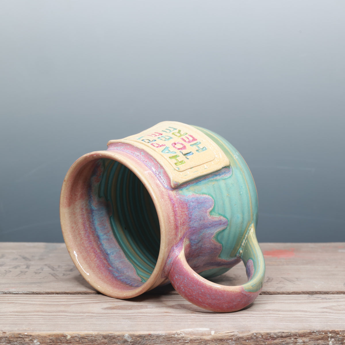 Raspberry Mist and Norse Blue Happy to be Here Mug 13-14 oz.