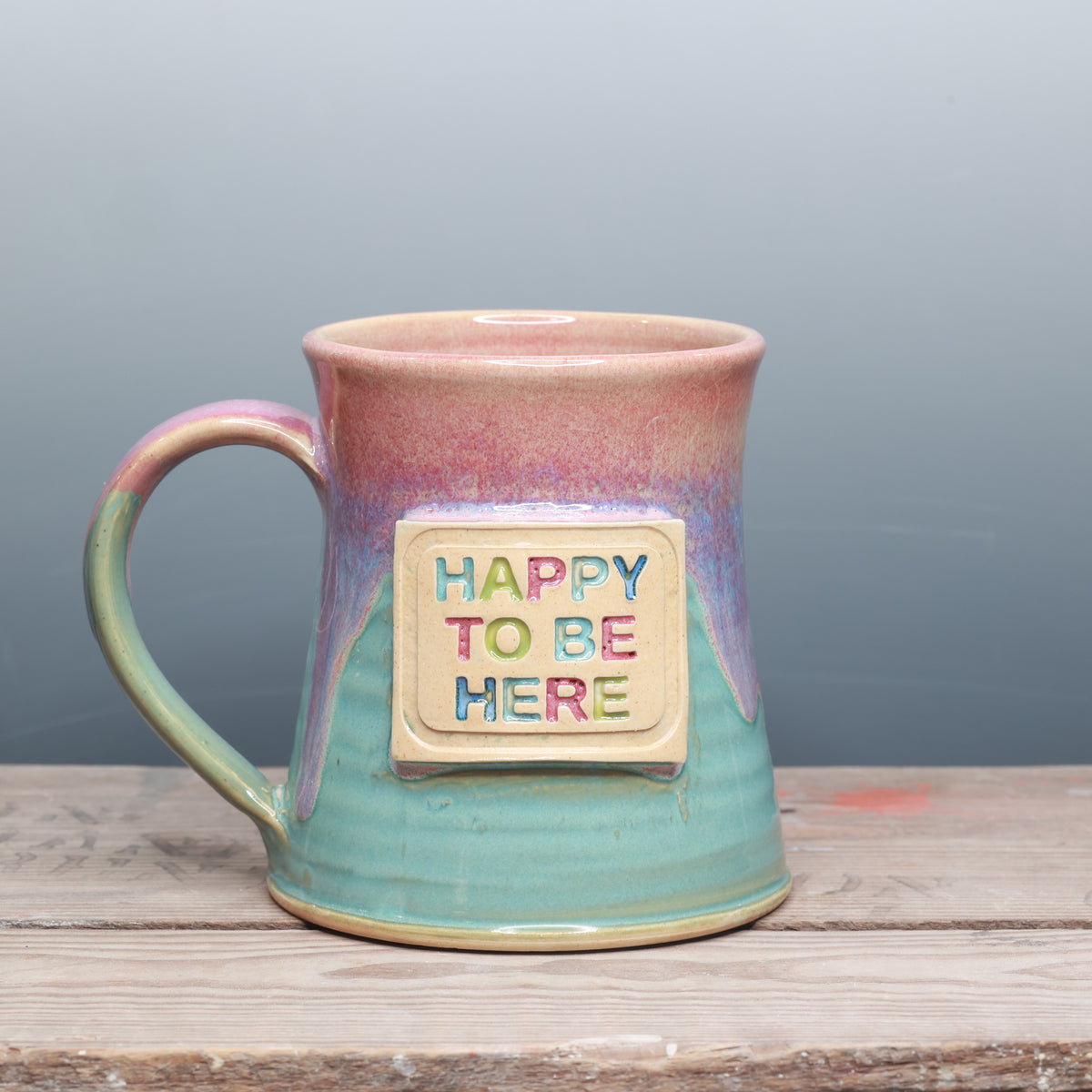 Raspberry Mist and Norse Blue Happy to be Here Mug 16 oz.