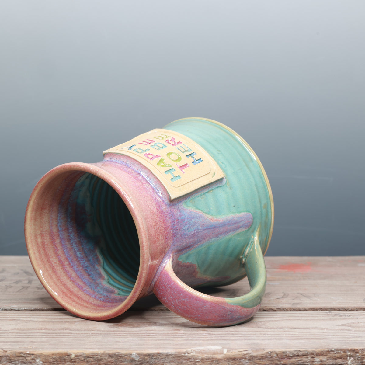 Raspberry Mist and Norse Blue Happy to be Here Mug 16 oz.