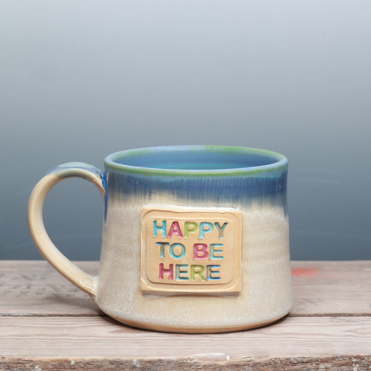 Capri Blue and Alabaster Happy to be Here Mug 18 oz.