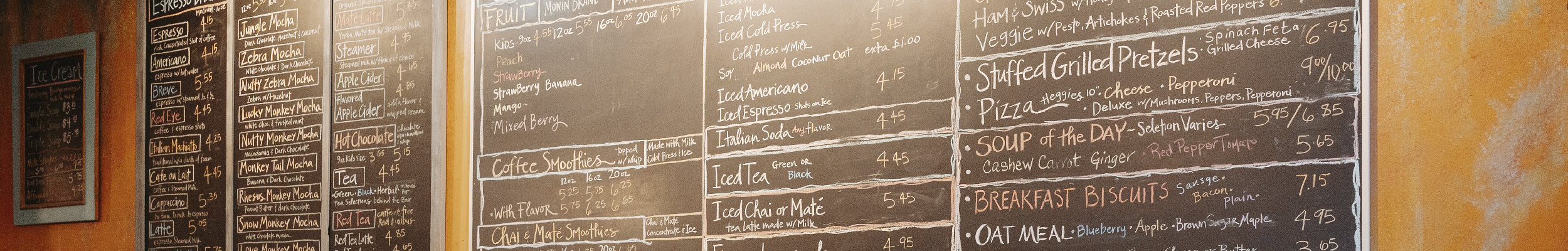 Close up of chalkboard menus on the walls of Mocha Monkey