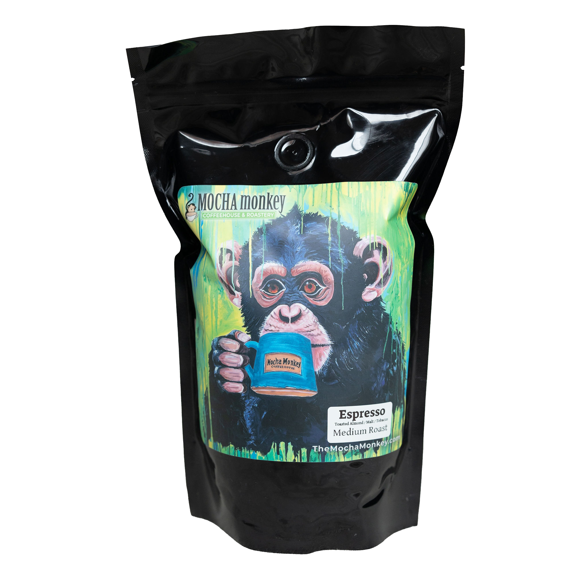 A 12oz bag of Mocha Monkey Espresso