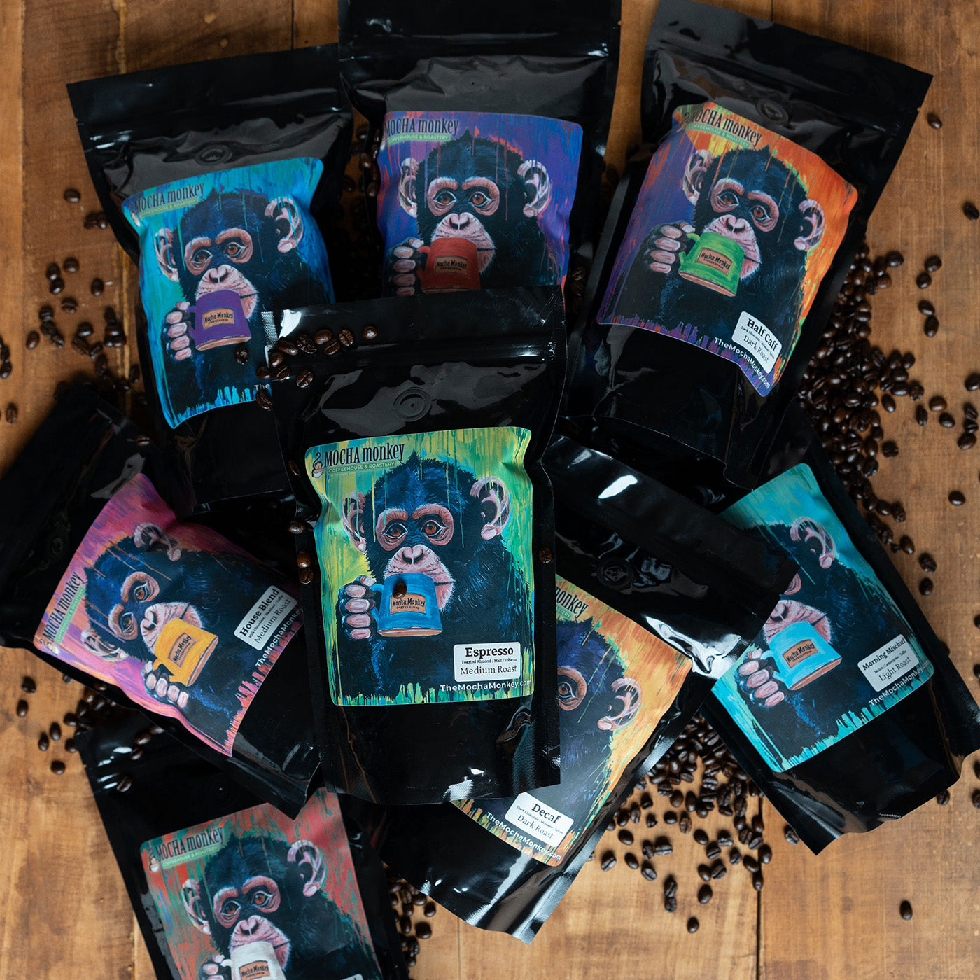 Overhead shot of Mocha Monkey Coffee bags and coffee beans on a table