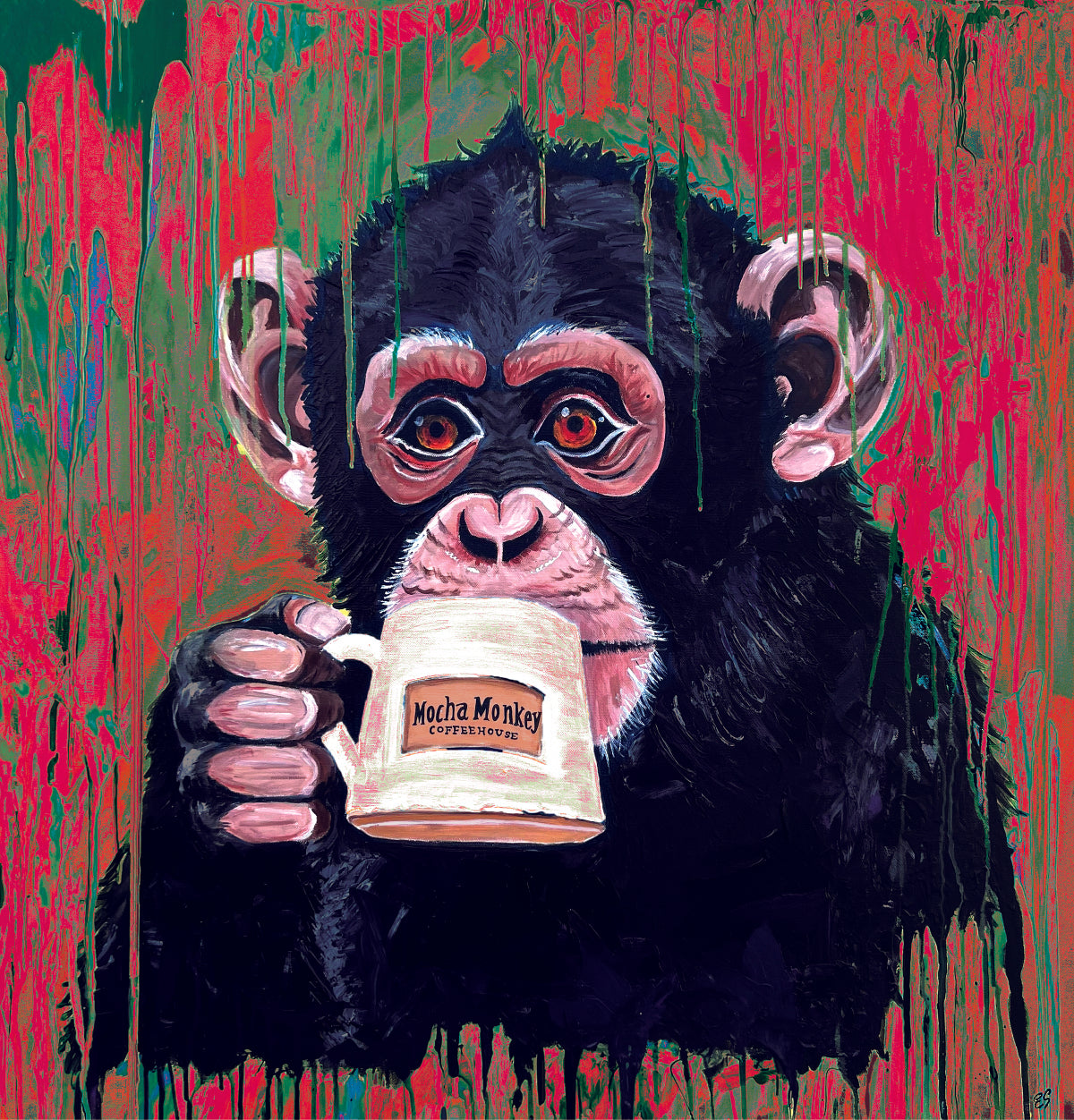 Red Mocha Monkey Sticker Graphic—a painting of a monkey drinking from a Mocha Monkey Coffeehouse mug