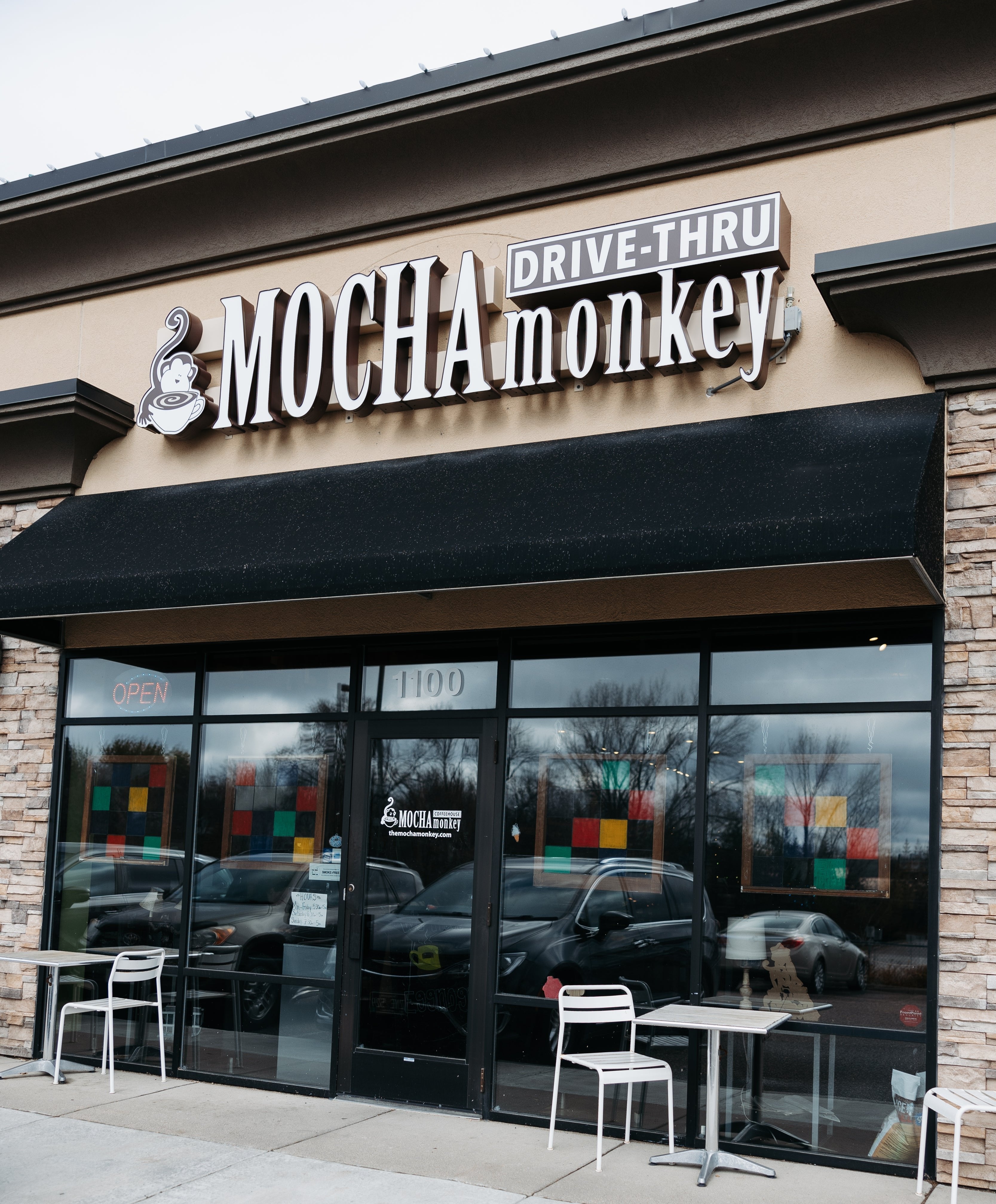 Facade of MOCHA Monkey Drive-thru sign on the Mocha Monkey St. Boni Coffeehouse