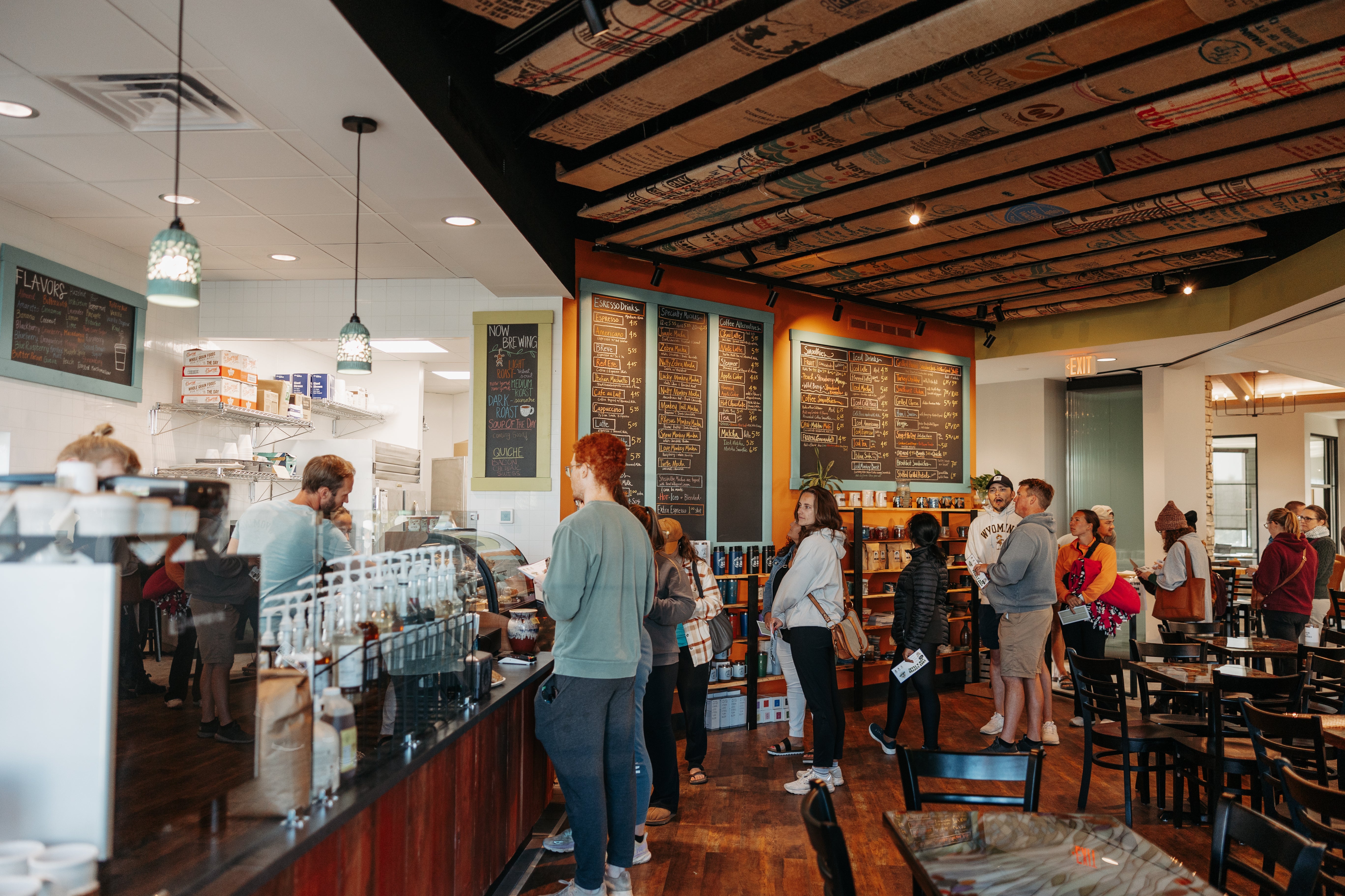 Customers lining up for coffees at the Grand Opening of Mocha Monkey in Carver