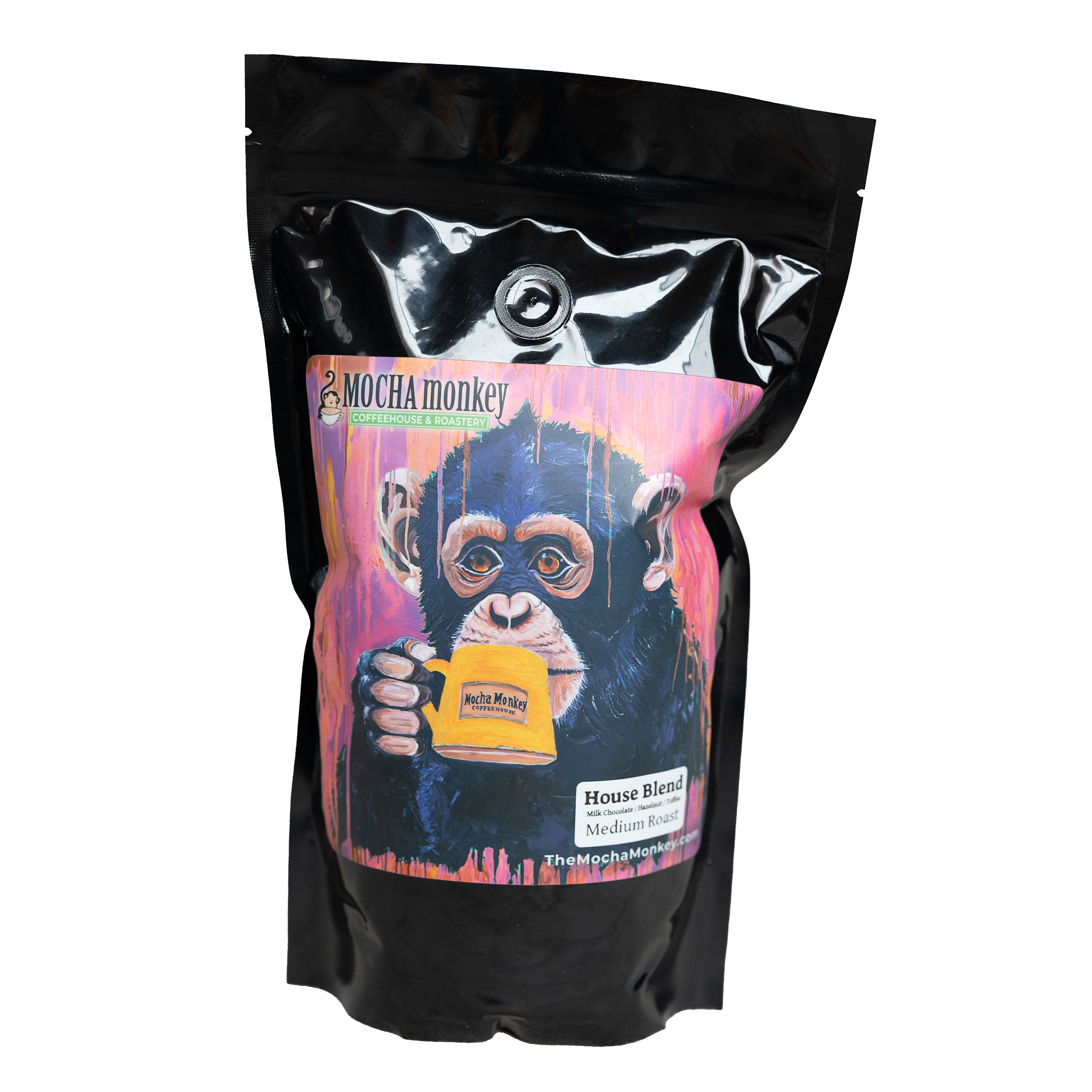 A 12oz bag of Mocha Monkey House Blend