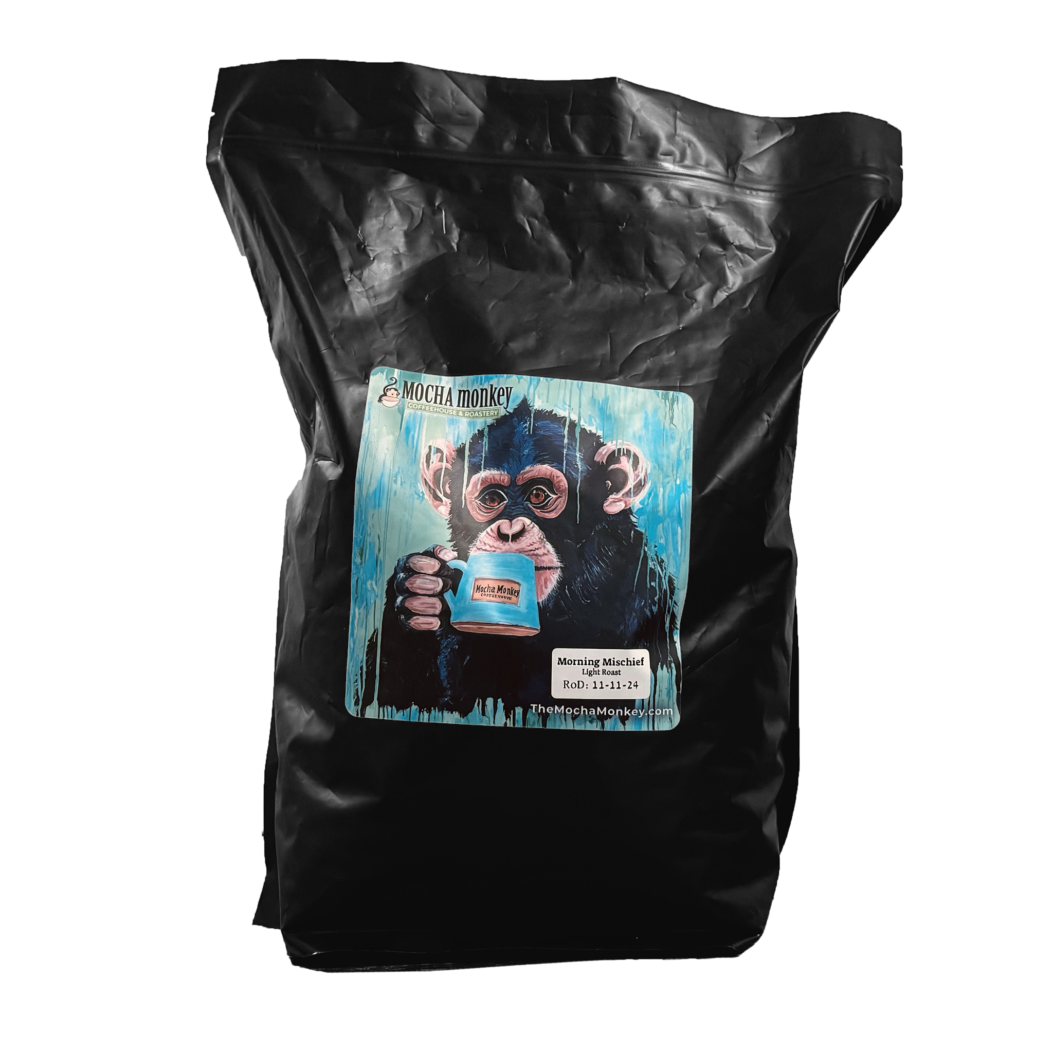 A 5lb bag of Mocha Monkey, Morning Mischief Coffee