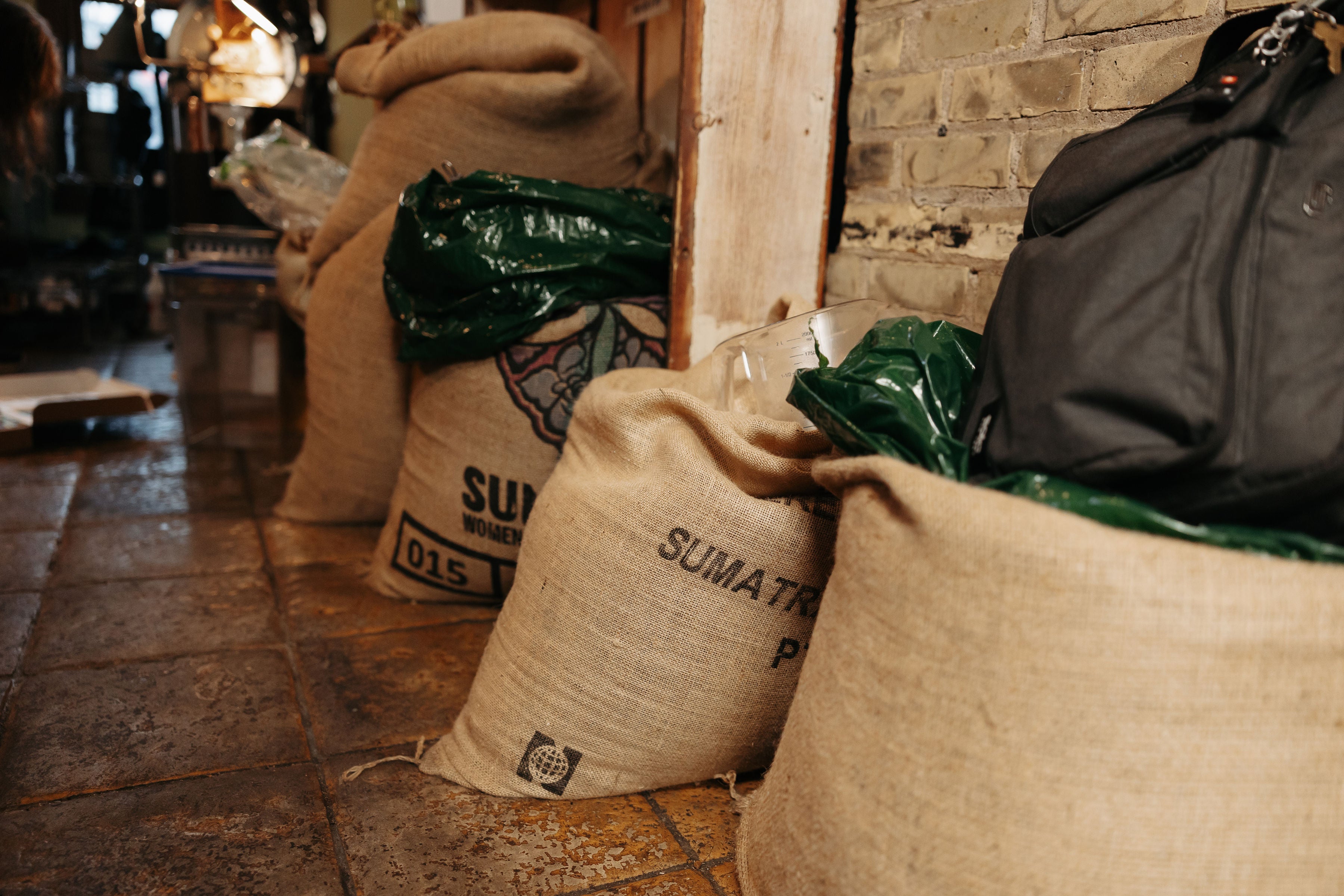 Burlap bags of coffee beans