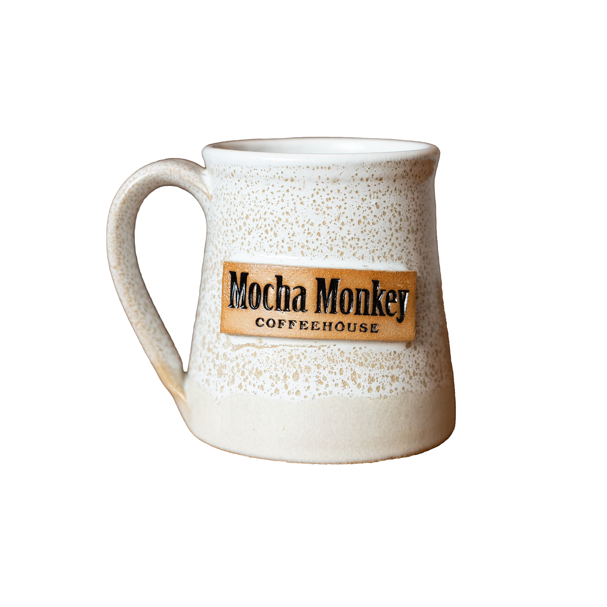 A Mocha Monkey branded handmade pottery mug