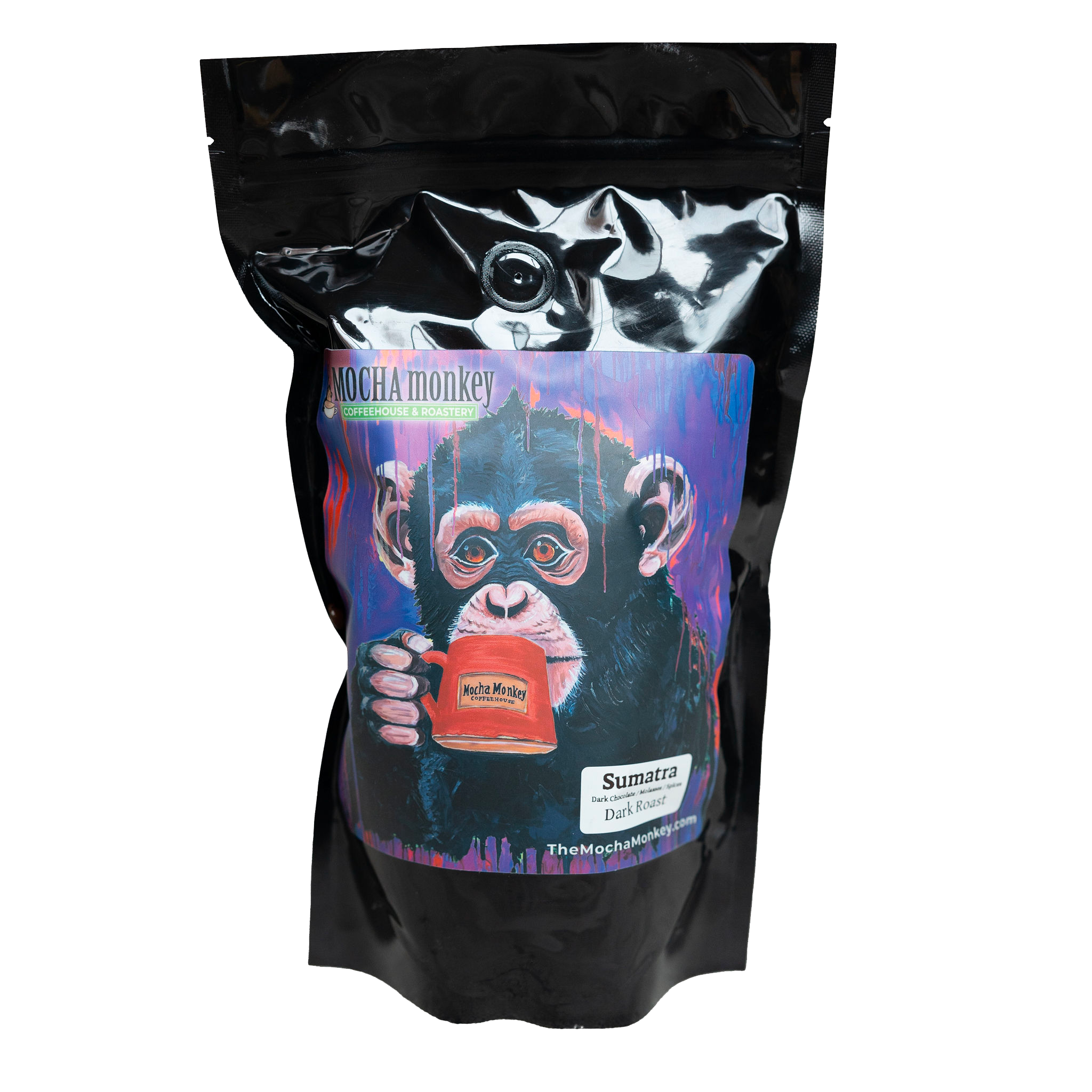 A 12oz bag of Mocha Monkey, Sumatra Coffee 