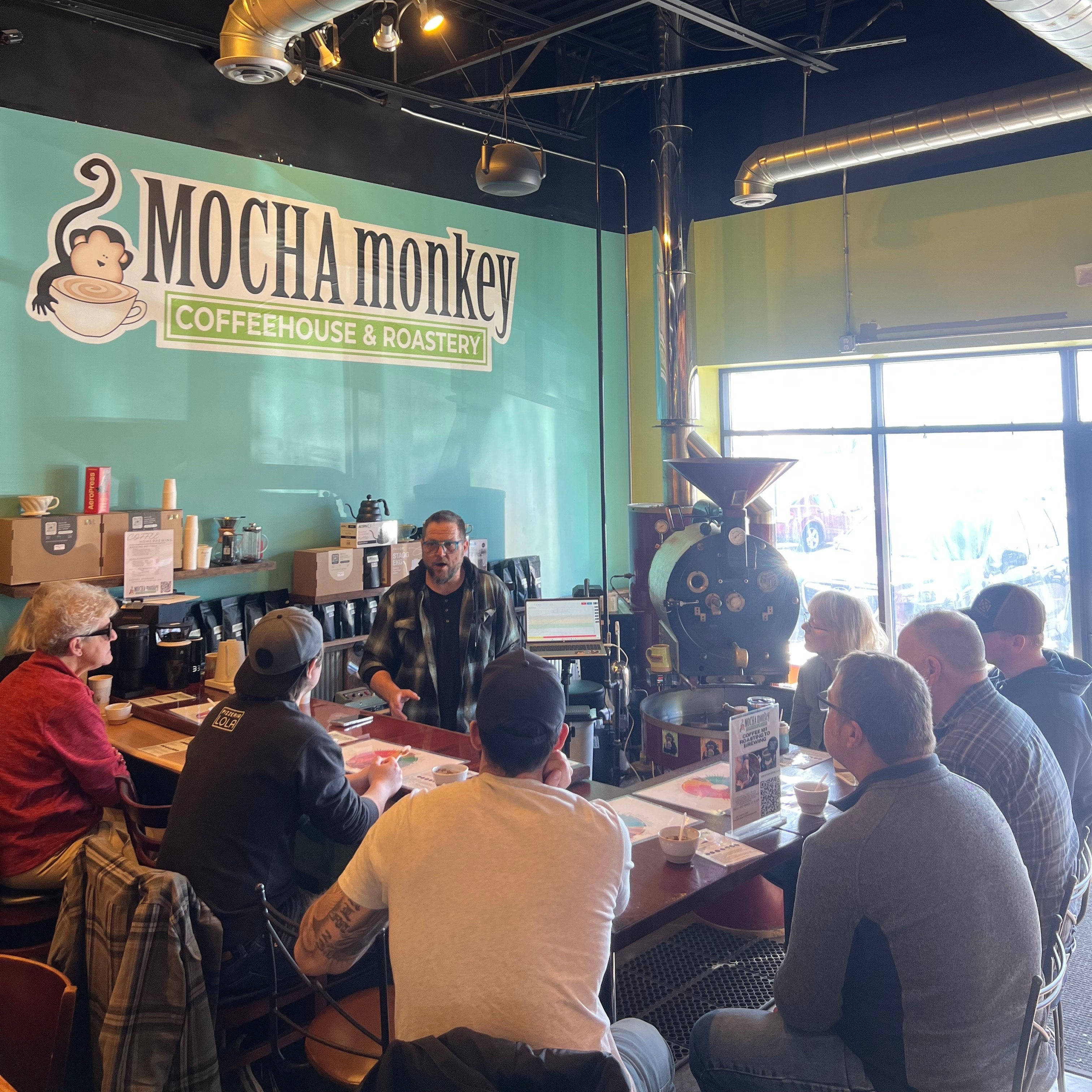 head roaster John teaches a class about coffee at the St. Boni Mocha Monkey