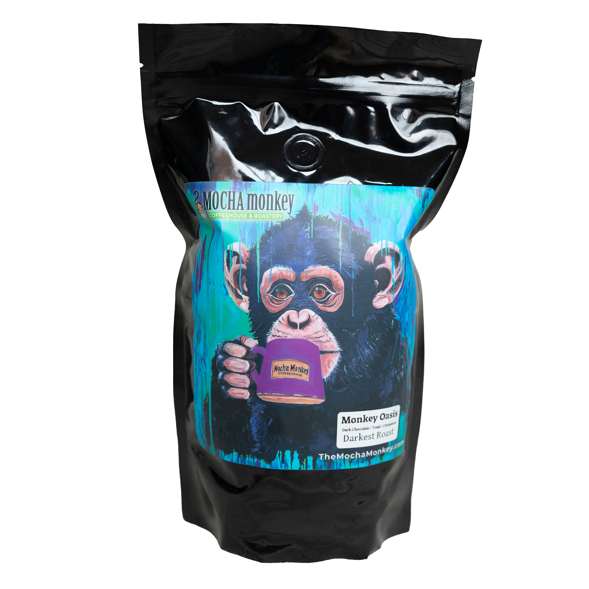 A 12oz bag of Mocha Monkey, Monkey Oasis Coffee 