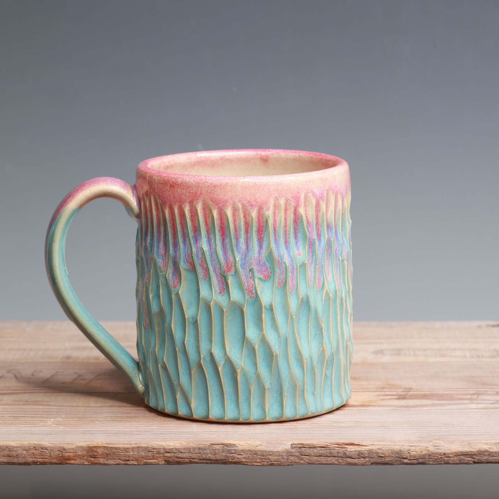 Raspberry Mist over Norse Blue Carved Mug - 16 oz.