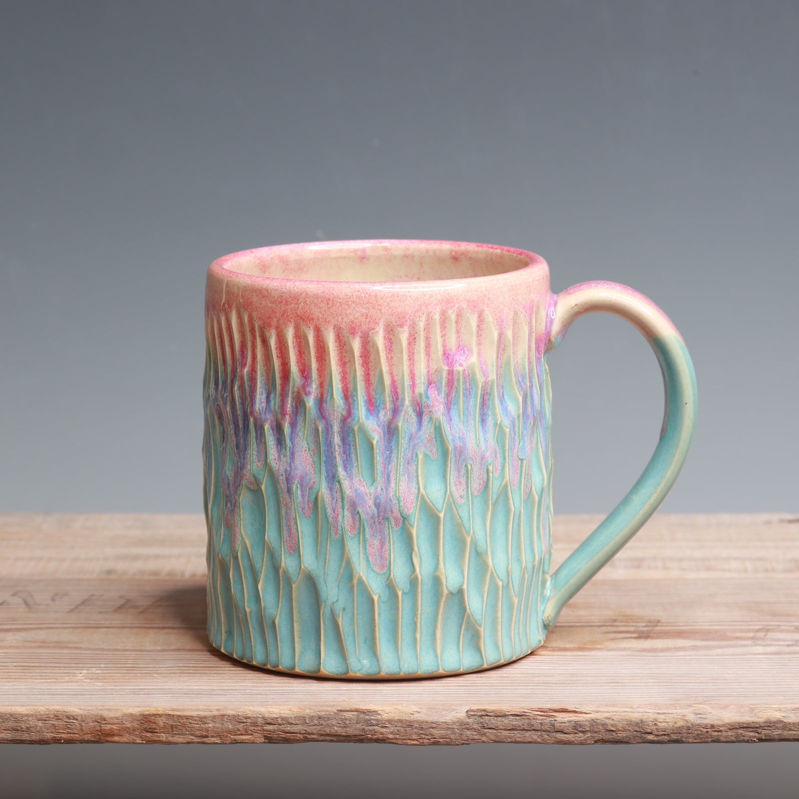 Raspberry Mist over Norse Blue Carved Mug - 16 oz.