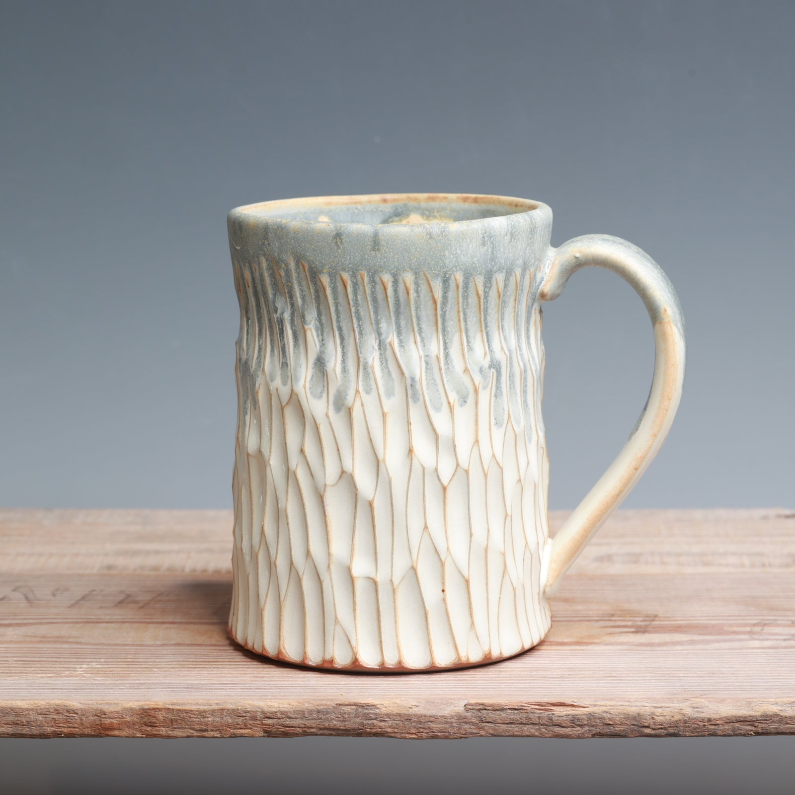 Blue Ash over Salt Carved Mug - 16 oz.