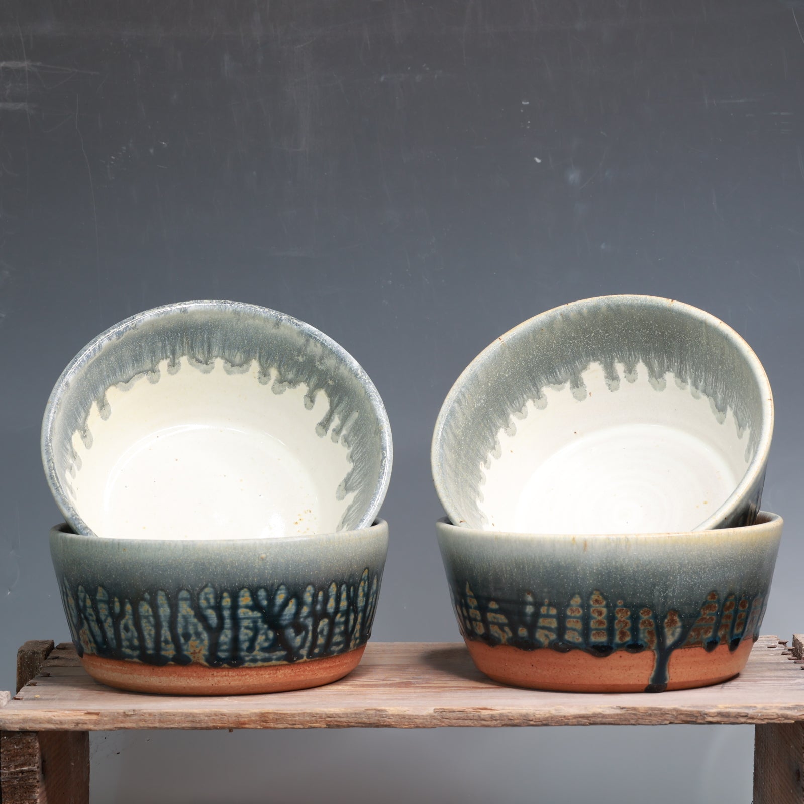 Set of 4 Blue Ash over Salt Bowls