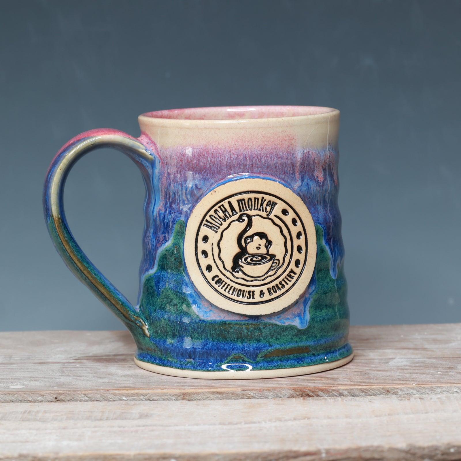 Raspberry Mist and Blue Surf Mocha Monkey mug 17 oz.