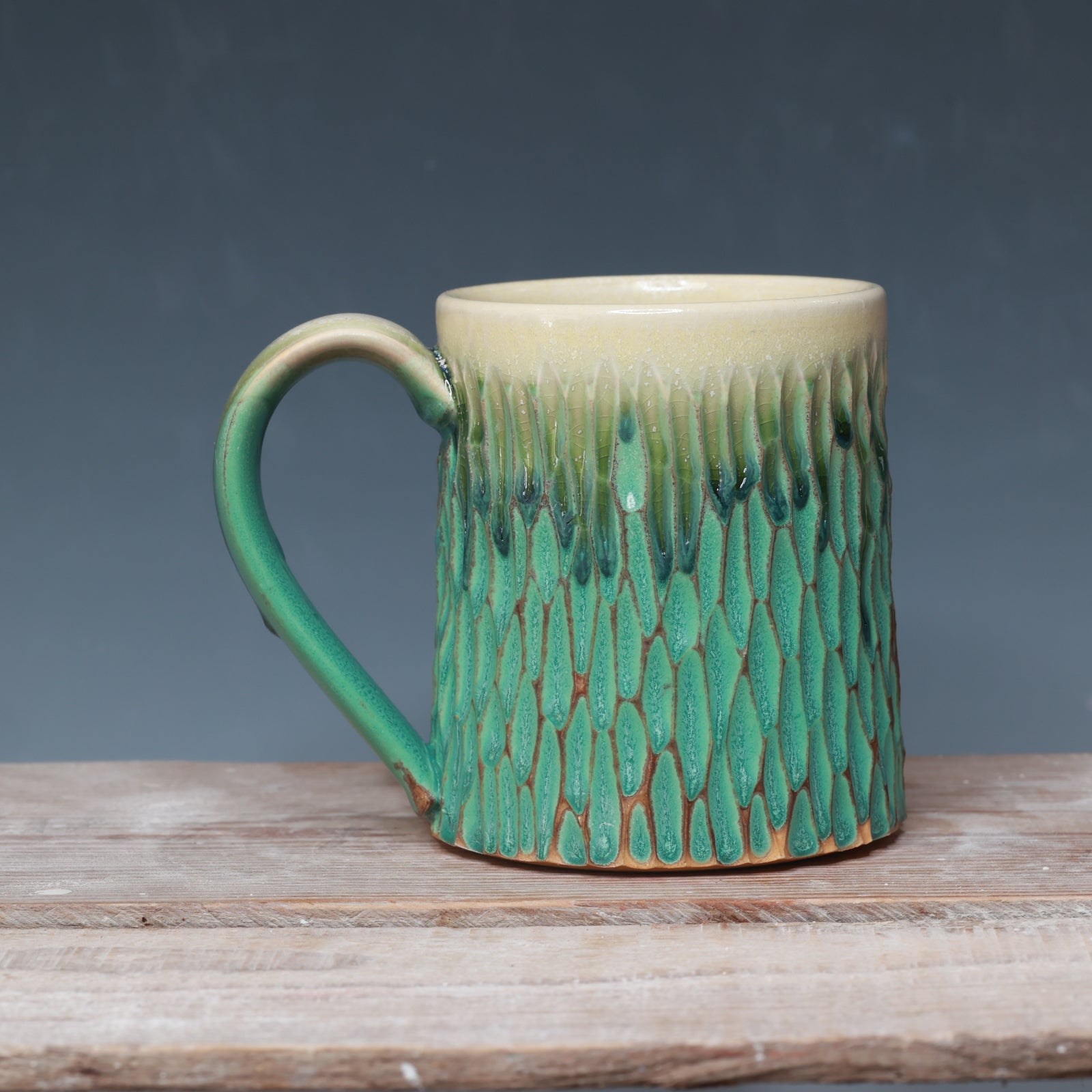 Satin Patina Carved mug - 14-15 oz.