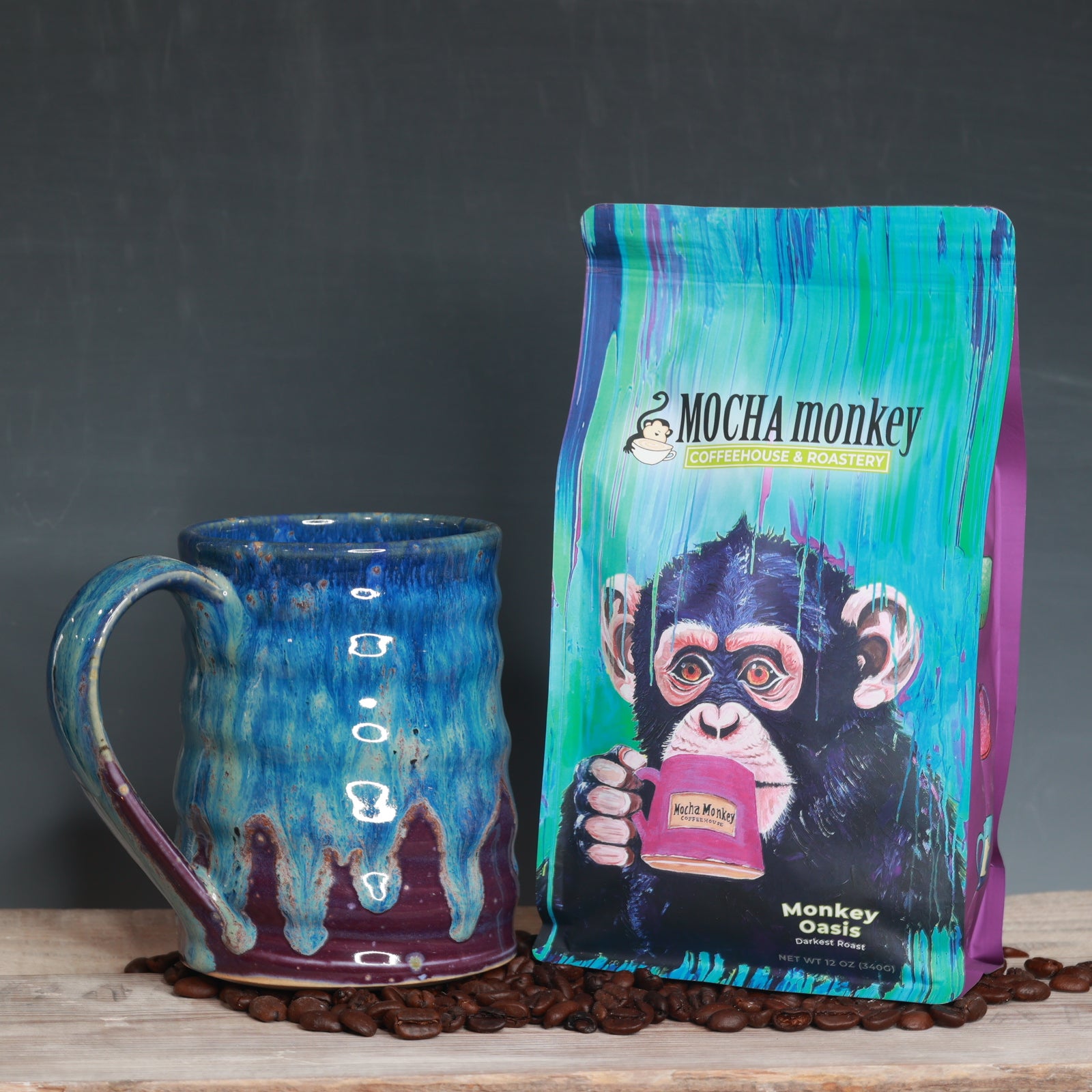 Coffee Beans and Mug Combo - Monkey Oasis Darkest Roast
