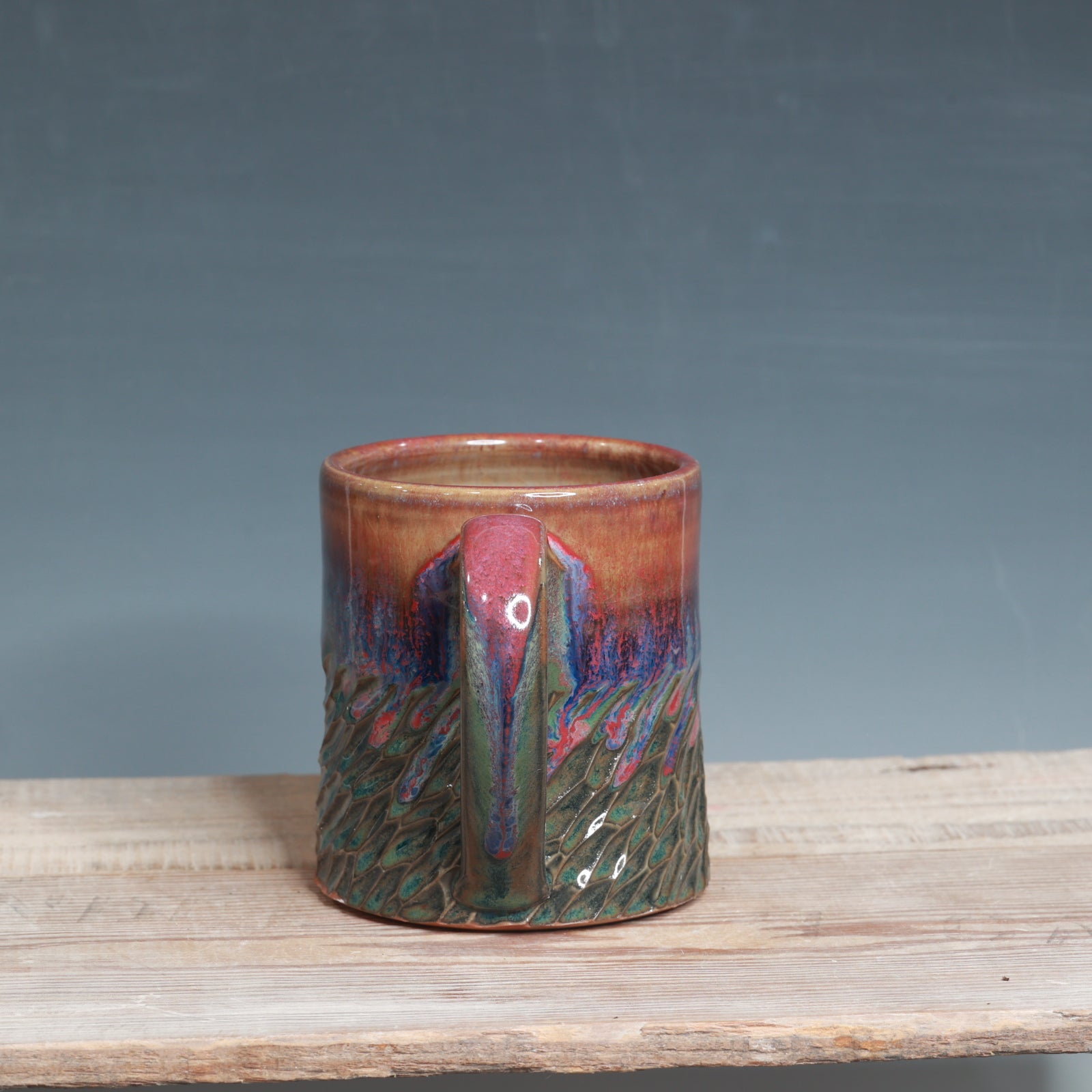 Carved Raspberry Mist and Blue Surf mug 13-14 oz.