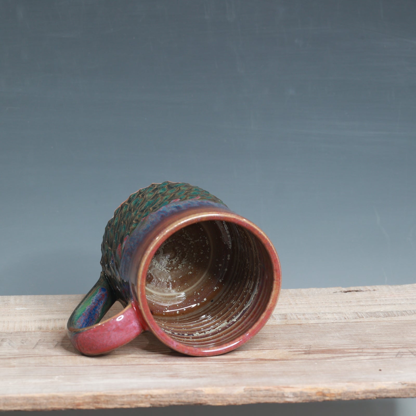 Carved Raspberry Mist and Blue Surf mug 13-14 oz.